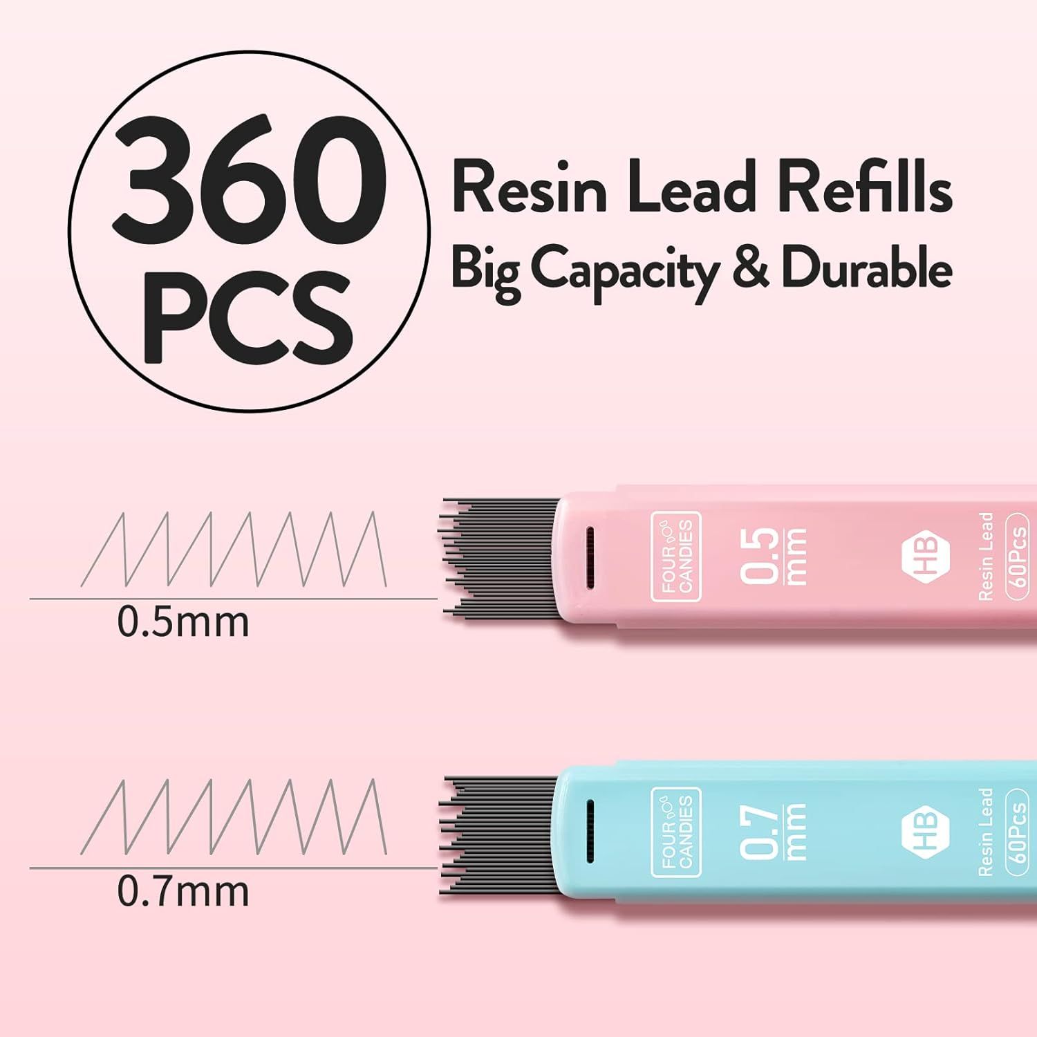 Highlights the large quantity of 360 pieces of resin lead refills to emphasize value and long-lasting supply, while also showing the two available lead sizes for different writing needs.…