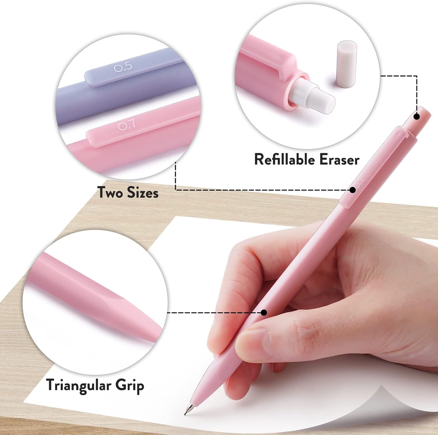 Showcases three distinct product features in a segmented layout to communicate the pen's versatility, refillability, and ergonomic design.