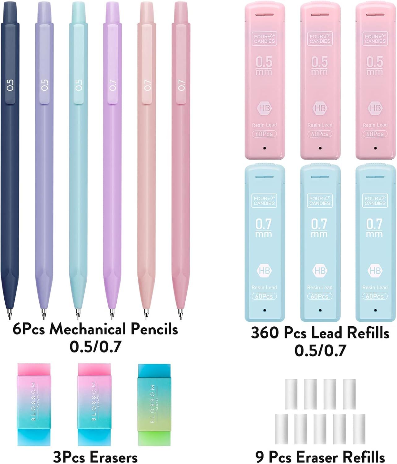 Shows the complete bundle contents to help shoppers understand everything included in the purchase: 6 mechanical pencils in multiple colors, 360 lead refills…