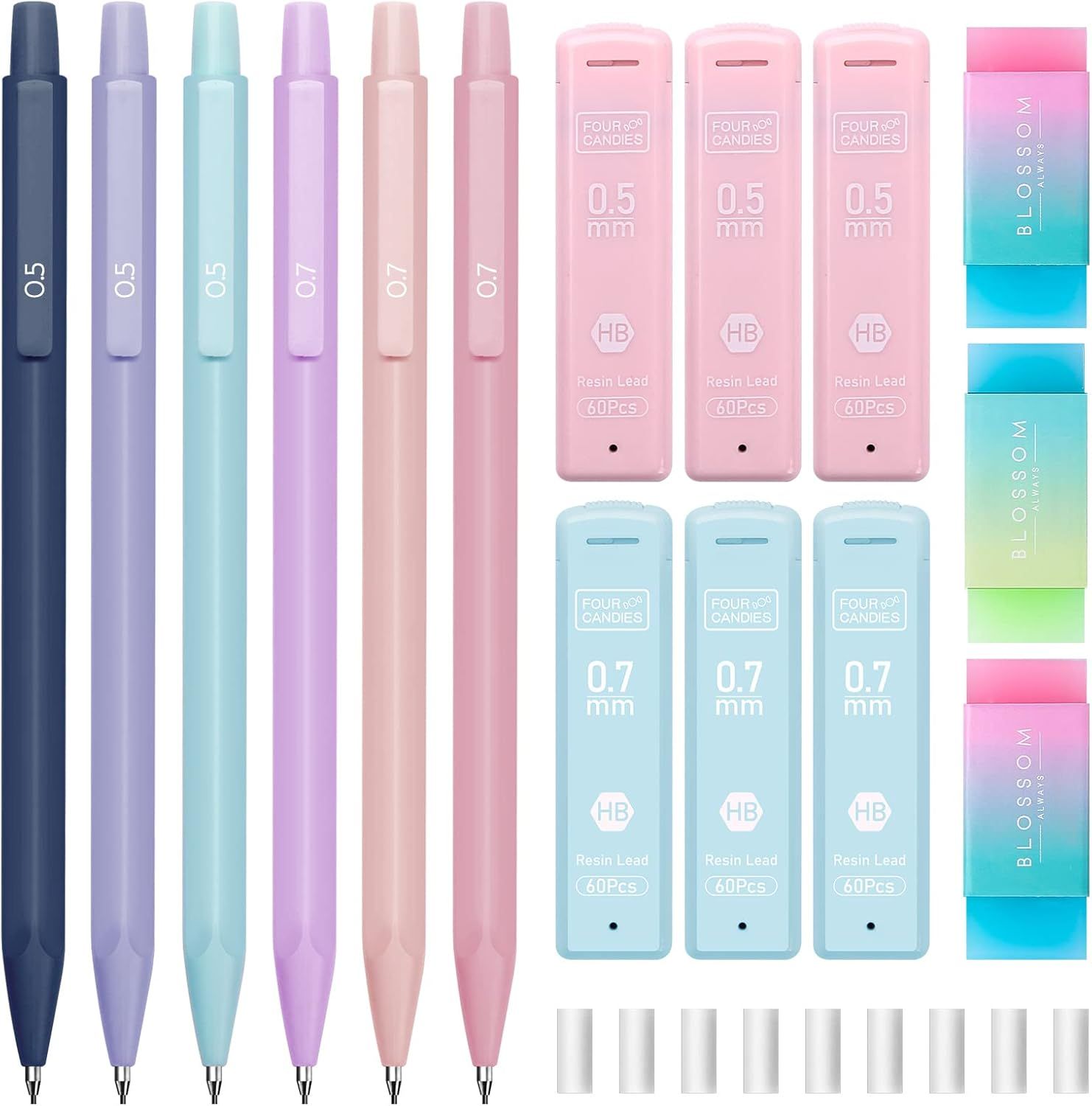 Shows the customer everything included in the purchase: six mechanical pencils in different colors, multiple lead refill containers in various sizes (0.5mm and 0.7mm), and erasers, demonstrating the…
