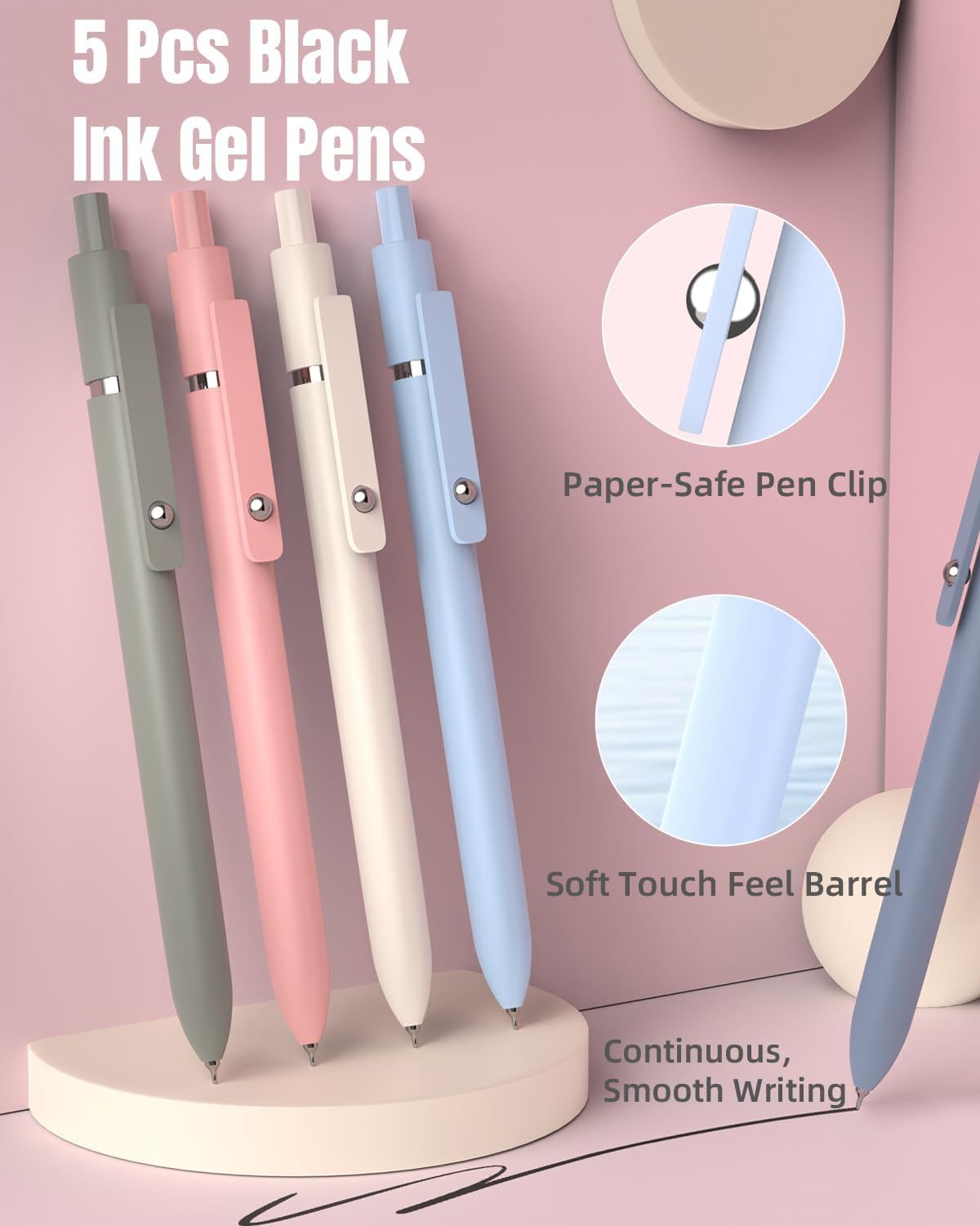 Communicates multiple distinct product benefits in a segmented layout, highlighting the pen clip design, comfortable barrel texture, and smooth writing performance to help shoppers understand key…
