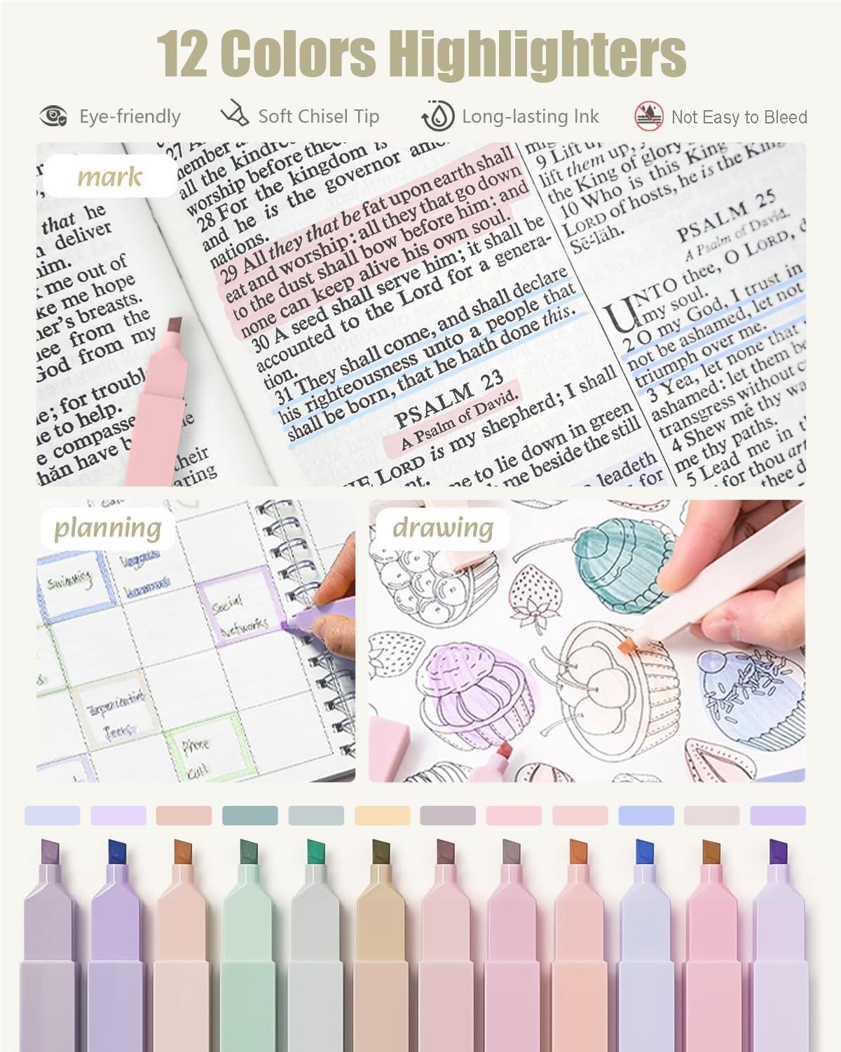 Communicates multiple distinct benefits of the highlighters (eye-friendly, soft tip, long-lasting, no bleed) through a segmented layout with icons and multiple use-case demonstrations to reassure…