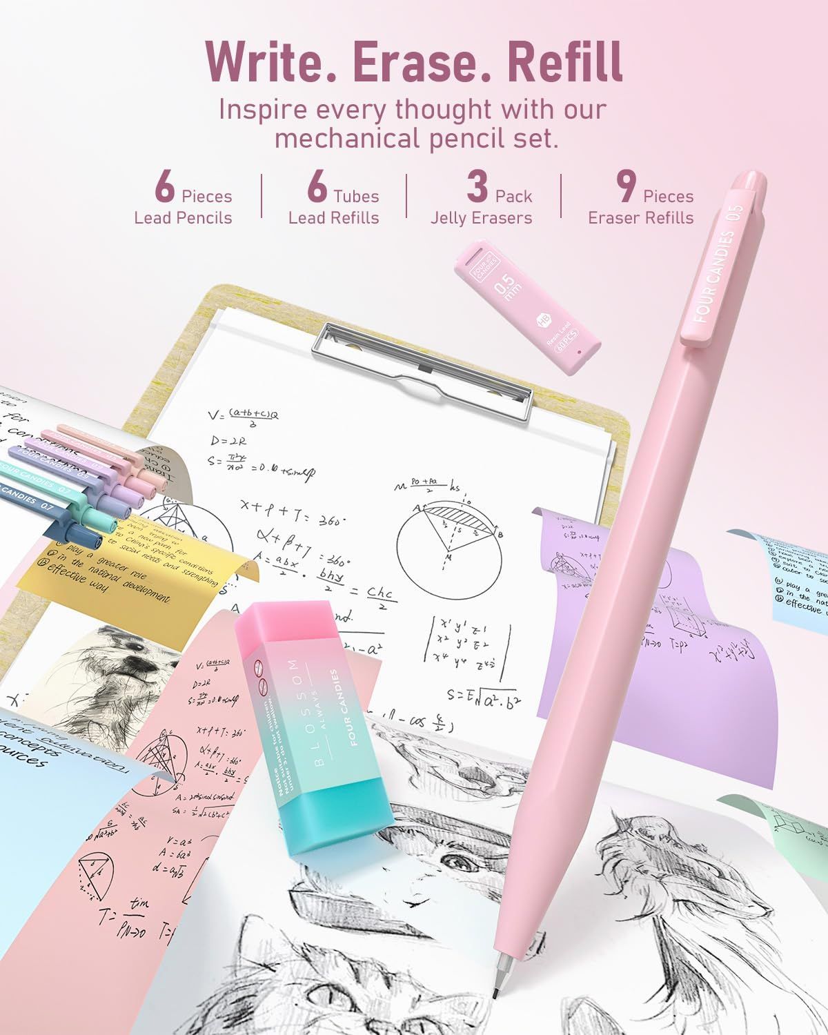 Shows everything included in the mechanical pencil set (6 lead pencils, 6 tubes of lead refills, 3 jelly erasers, 9 eraser refills) to help shoppers…