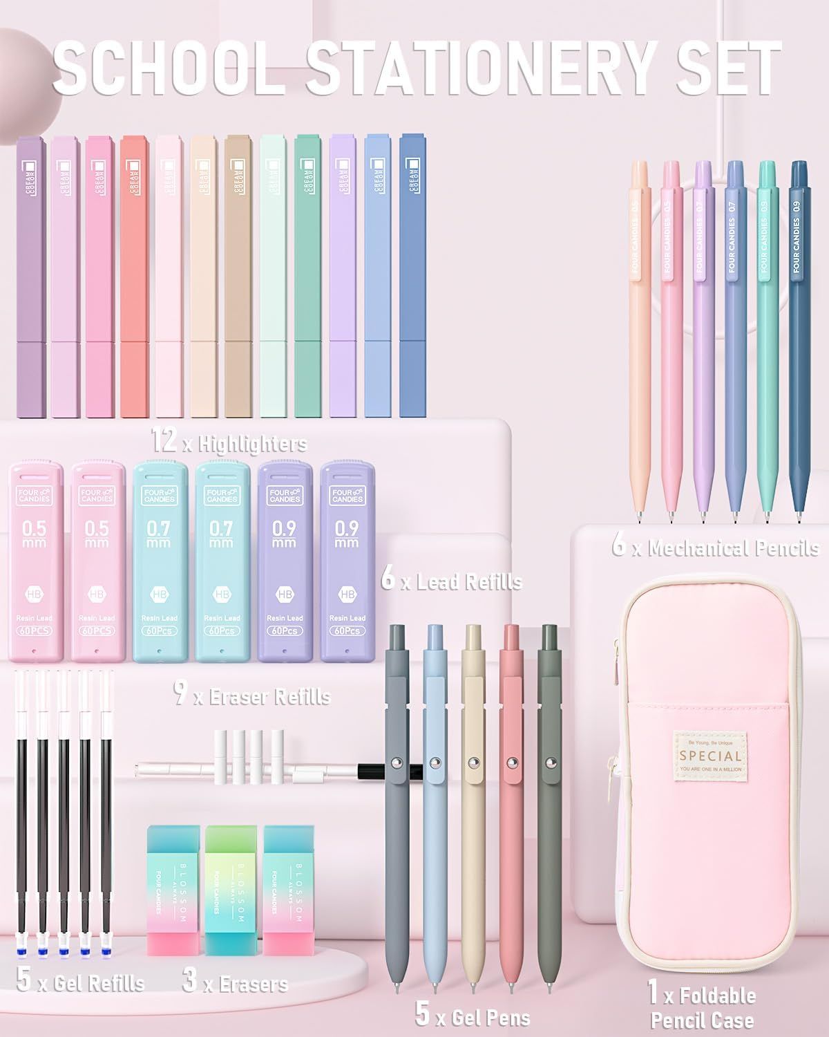 Shows the complete contents of the school stationery set, displaying all items included in the bundle (highlighters, mechanical pencils, lead refills, eraser…