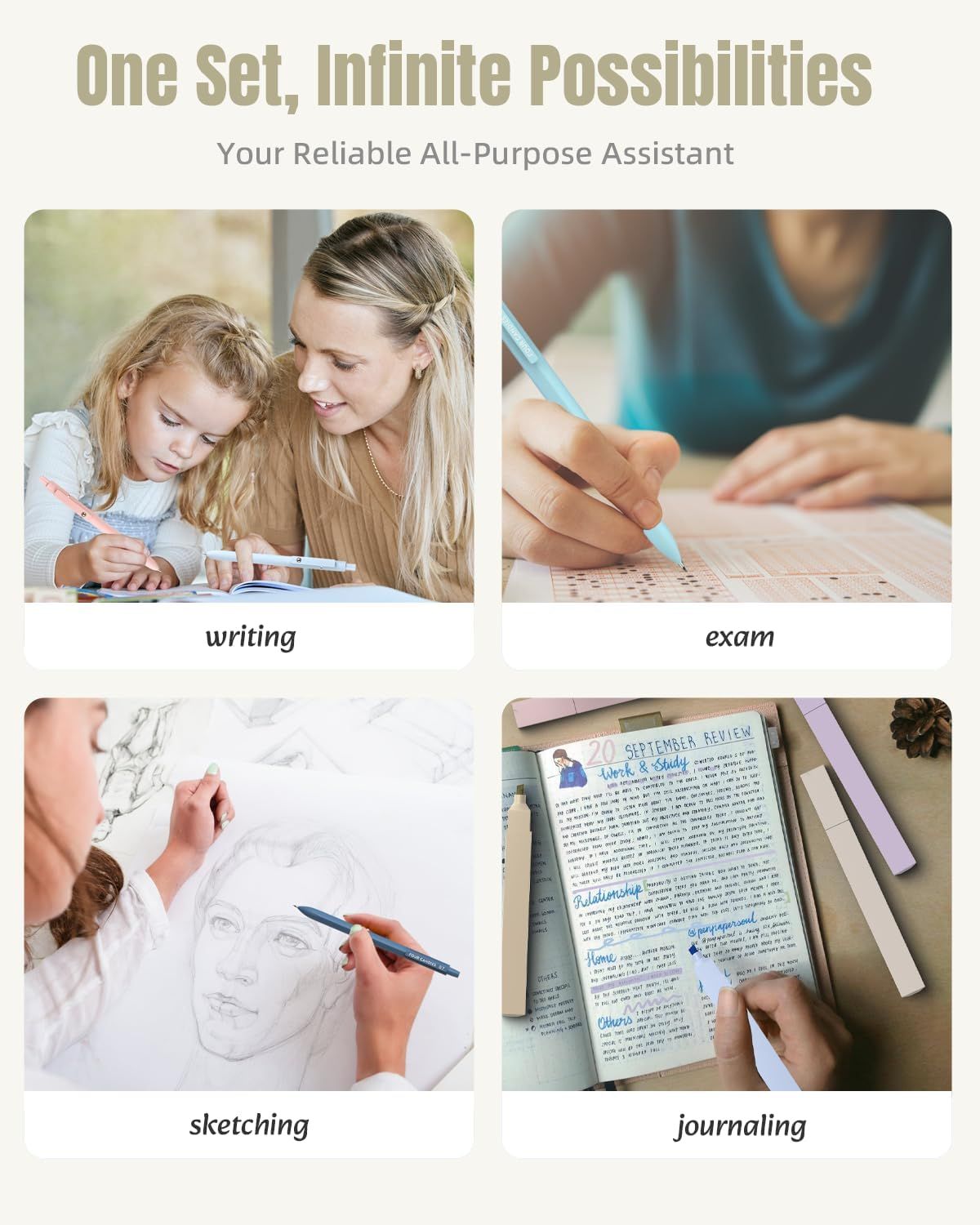 Demonstrates the versatility of the product by showing four distinct use scenarios, positioning it as an all-purpose assistant suitable for various writing…
