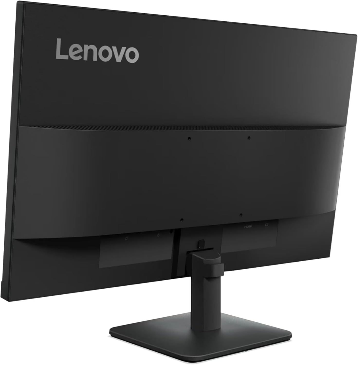 Provides a clean, catalog-style view of the Lenovo monitor from the rear angle, showing the product design, branding, and stand without distractions.