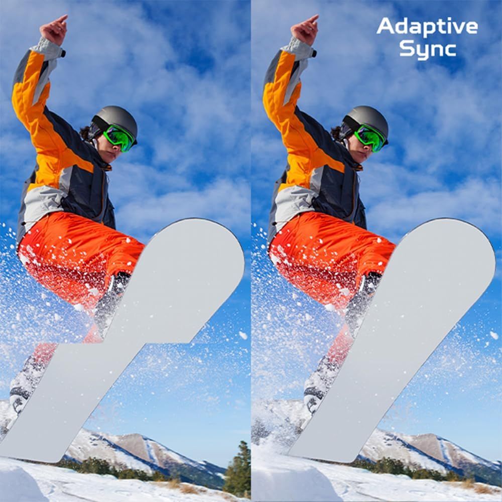 Demonstrates the visual improvement or clarity enhancement provided by the Adaptive Sync feature, showing the same snowboarding scene with and without the technology applied.