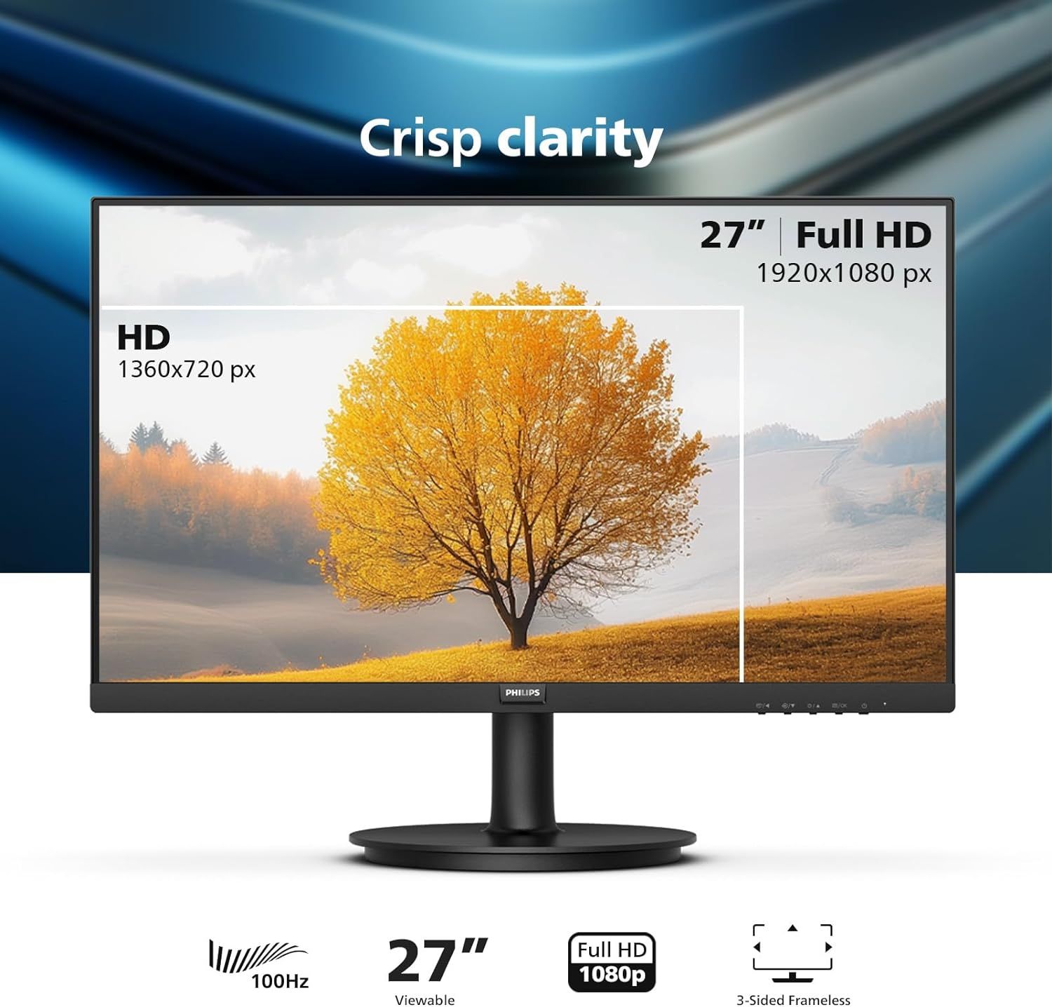 Communicates the monitor's key technical specifications—screen size, resolution, and refresh rate—to help shoppers understand the display's performance and viewing quality. Highlights multiple…