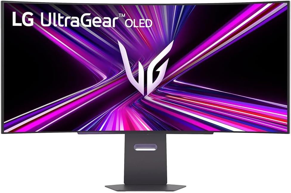 Provides a clean, catalog-style view of the LG UltraGear OLED monitor showing the product's physical appearance, curved screen design, and stand without any distractions.