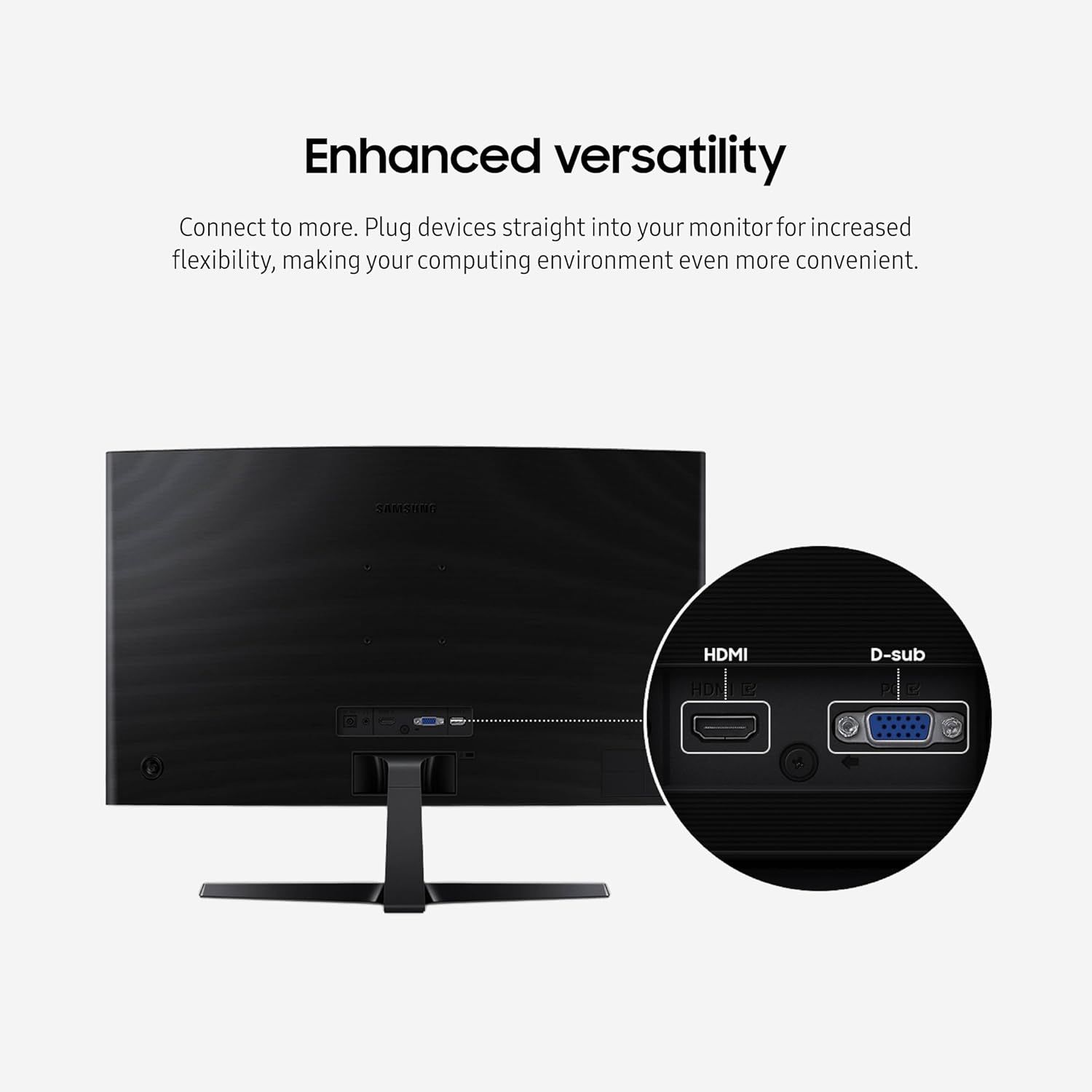 Communicates that the monitor offers enhanced versatility by allowing users to plug devices directly into the monitor via HDMI and D-sub ports, making the computing environment more convenient and…