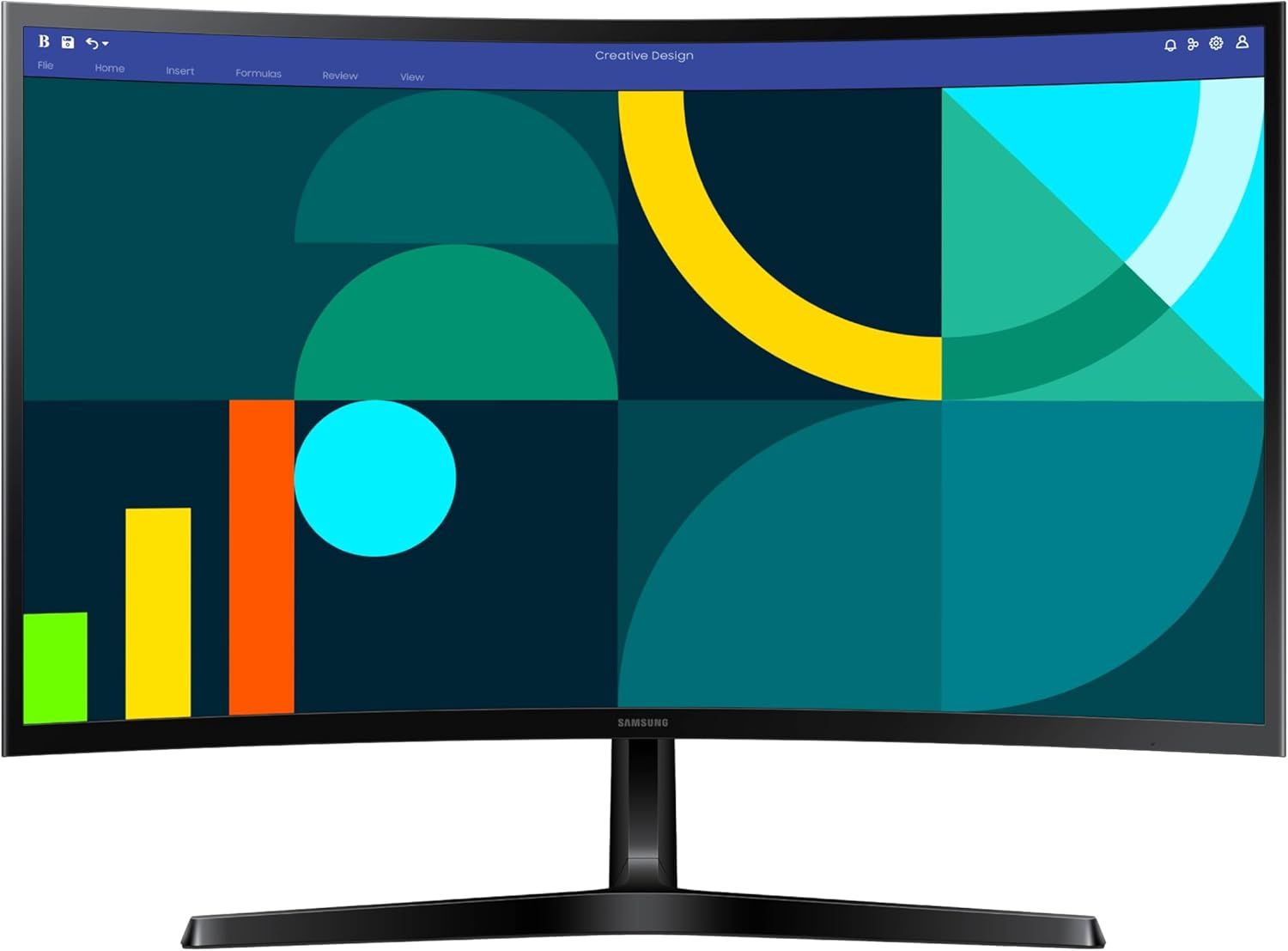Provides a clean, catalog-style view of the Samsung monitor showing its design, screen display with creative graphics, and stand against a white background for clear product visualization.