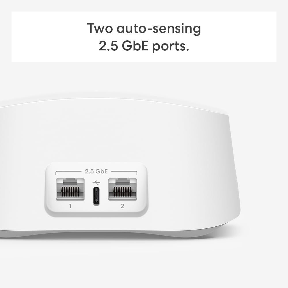 Highlights the physical location and specification of the two auto-sensing 2.5 GbE ports to inform shoppers about the product's high-speed connectivity…
