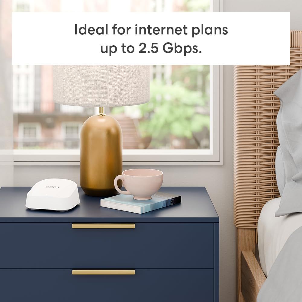 Communicates the product's technical capability to support internet plans up to 2.5 Gbps, reassuring shoppers that it can handle high-speed internet connections. Shows the eero device naturally…