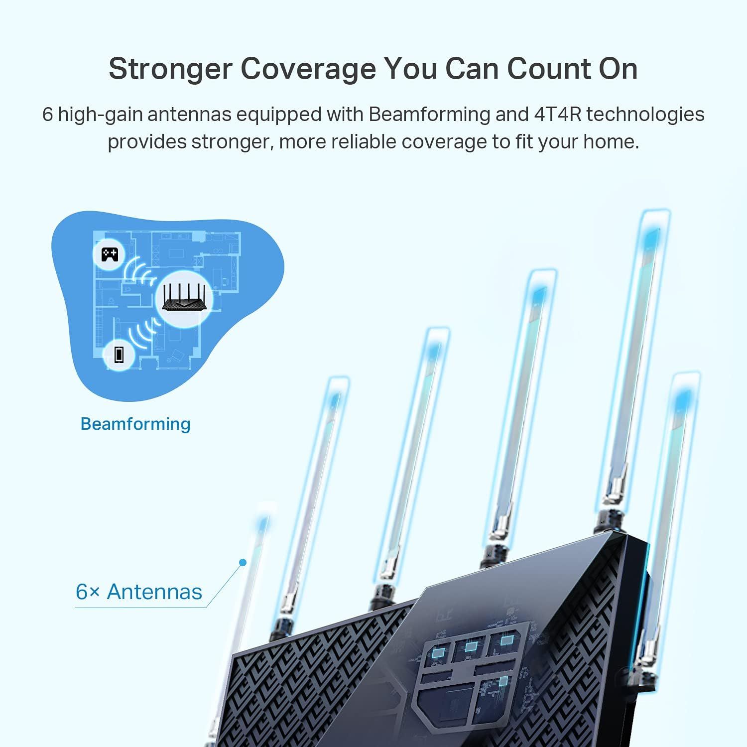 Highlights the physical antenna components and advanced wireless technologies to communicate stronger, more reliable WiFi coverage throughout the home. Communicates the core benefit of superior WiFi…