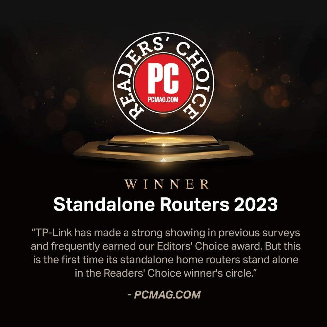Showcases third-party recognition from PC Magazine to build credibility and trust, highlighting that the product won the Readers' Choice award for Standalone Routers in 2023.