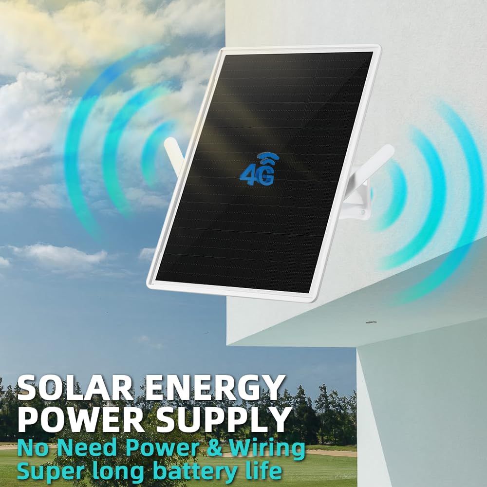 Communicates multiple key benefits of the solar-powered device: solar energy capability, wireless operation without power/wiring needs, extended battery life, and 4G connectivity for remote…