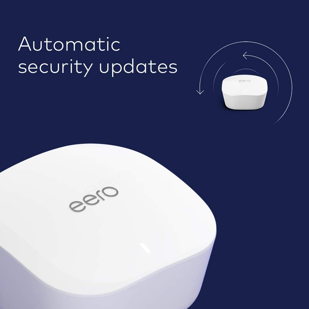 Communicates that the eero device automatically receives security updates, reassuring shoppers that their network stays protected without manual intervention.