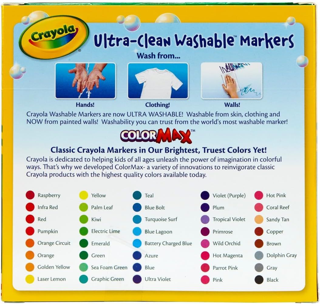 Communicates multiple key benefits of the Crayola markers: ultra-washable from multiple surfaces (hands, clothing, walls), ColorMax technology for bright colors, and showcases the extensive color…