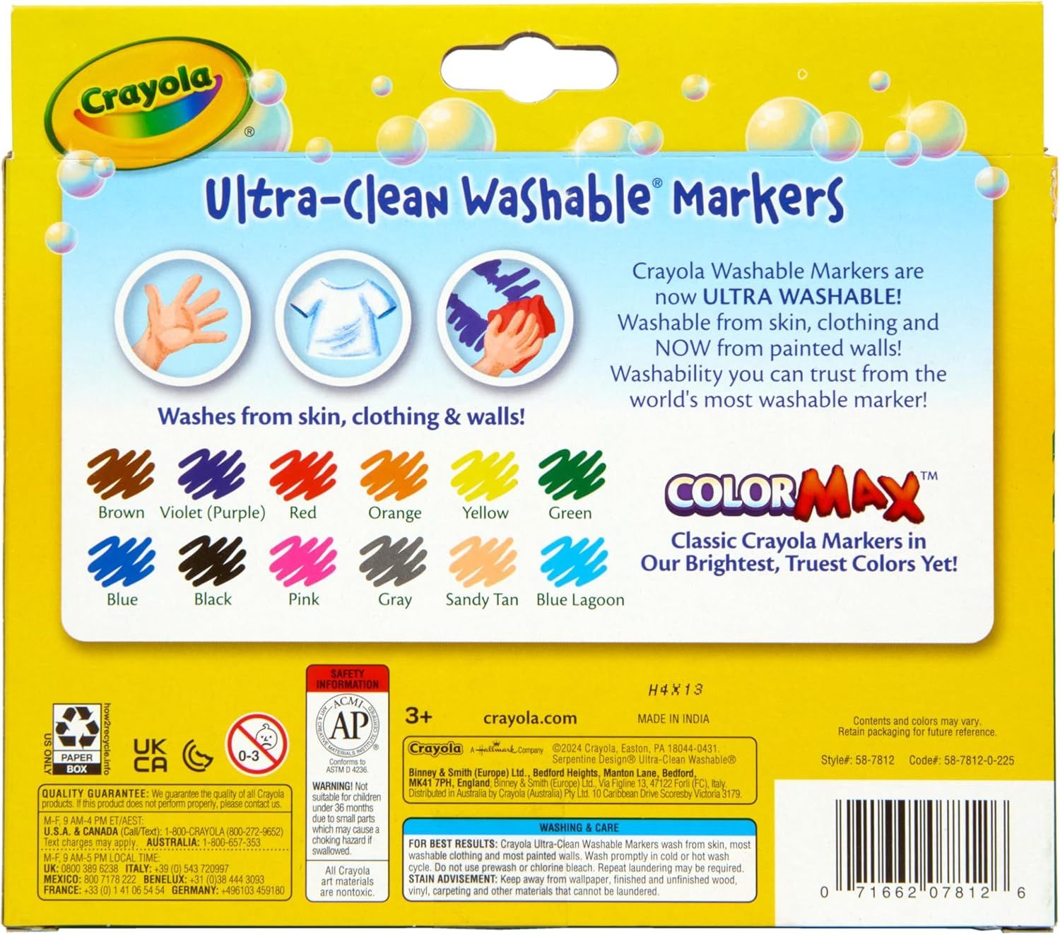 Communicates multiple key benefits of the markers: ultra-washable from skin, clothing, and walls; available in 12 vibrant colors; and ColorMax technology for brightest, truest colors.