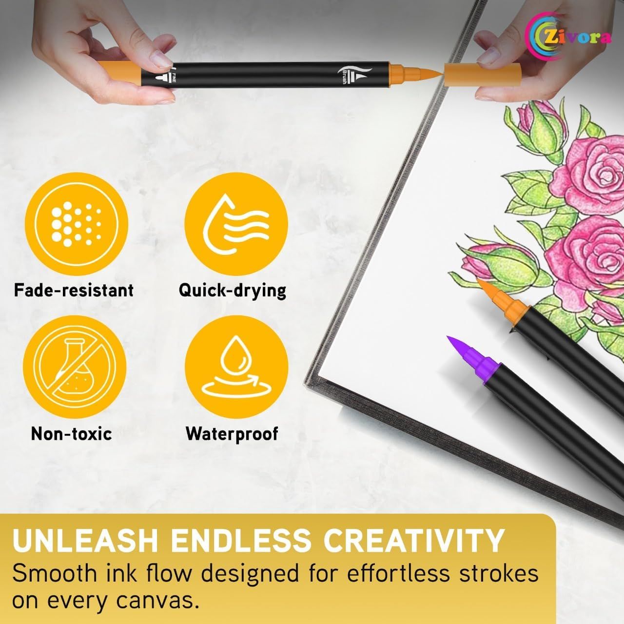 Communicates multiple key benefits of the markers including fade resistance, quick-drying, non-toxic safety, waterproof properties, and smooth ink flow to reassure shoppers of the product's quality…