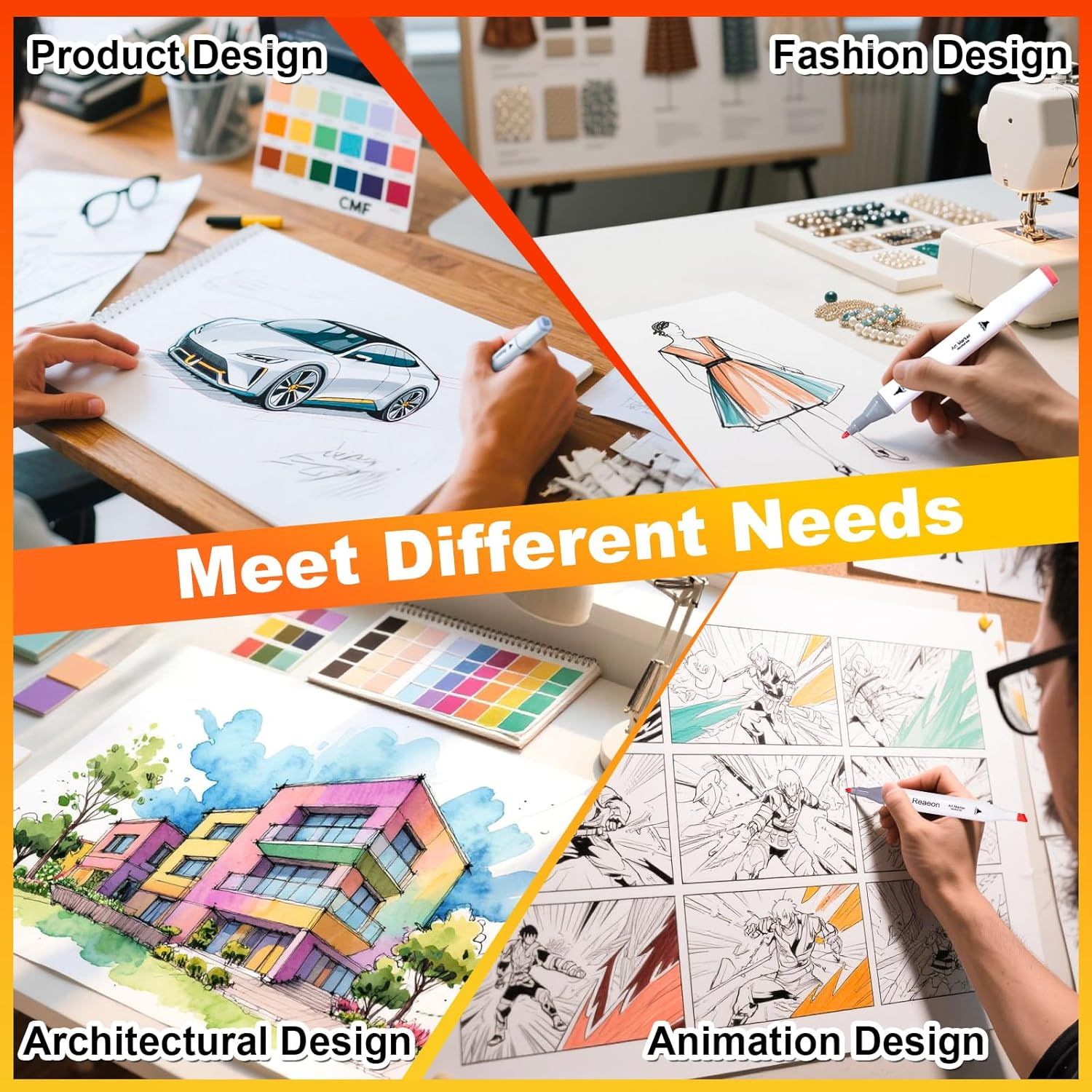 Demonstrates the versatility of the product (likely markers or design tools) by showing it can be used across four different creative disciplines and applications, reassuring shoppers that it meets…