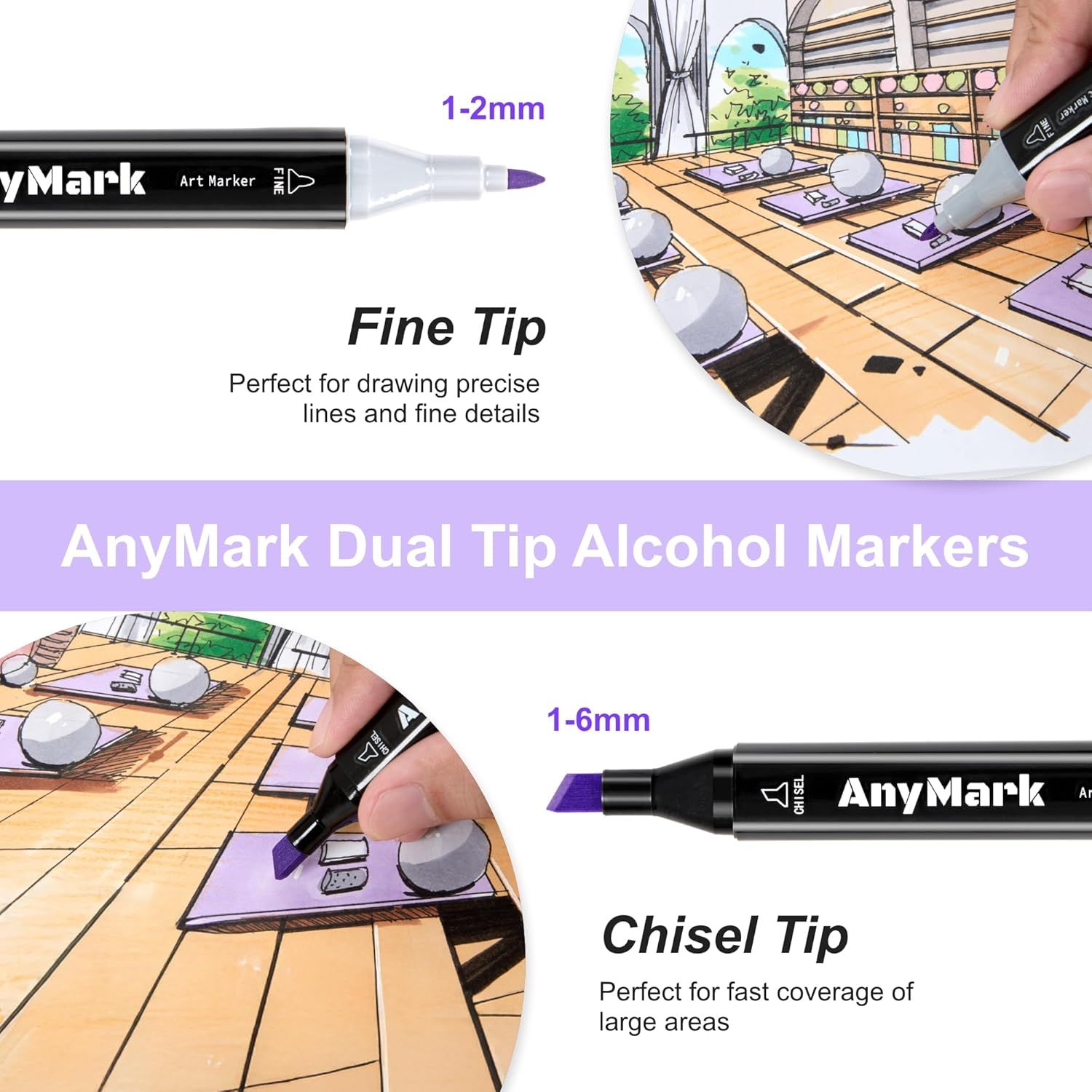 Highlights the dual-tip functionality of the marker, showing the fine tip for precise lines and the chisel tip for broad coverage, helping shoppers understand the product's versatility.