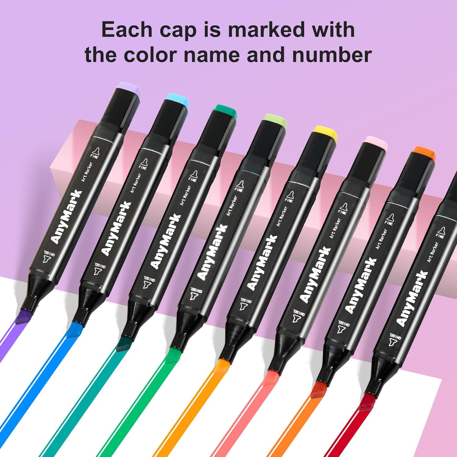 Highlights the organizational feature that each marker cap is labeled with the color name and number, making it easy for users to identify and select colors quickly.