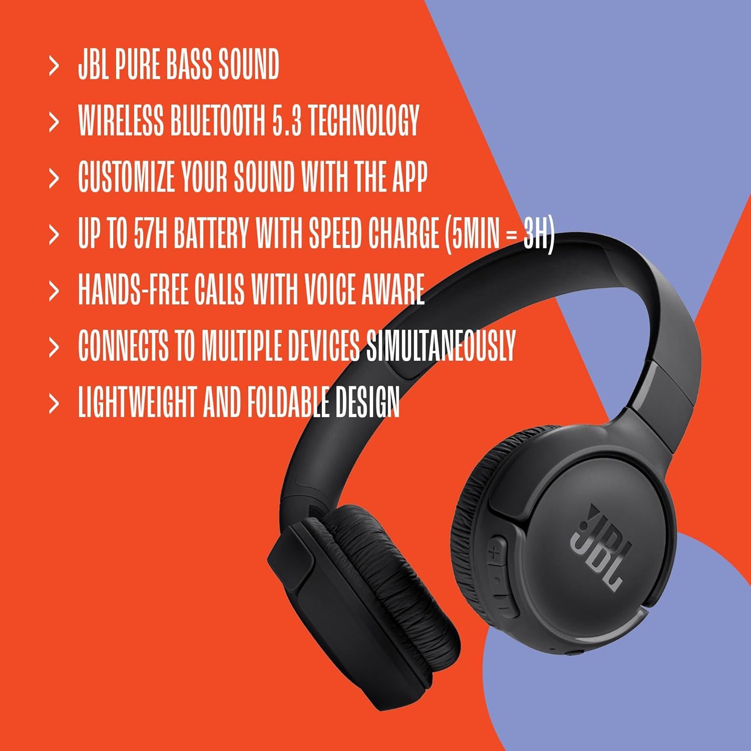 This image communicates the comprehensive feature set of the JBL headphones, highlighting seven distinct benefits to demonstrate the product's versatility, performance, and value proposition to…
