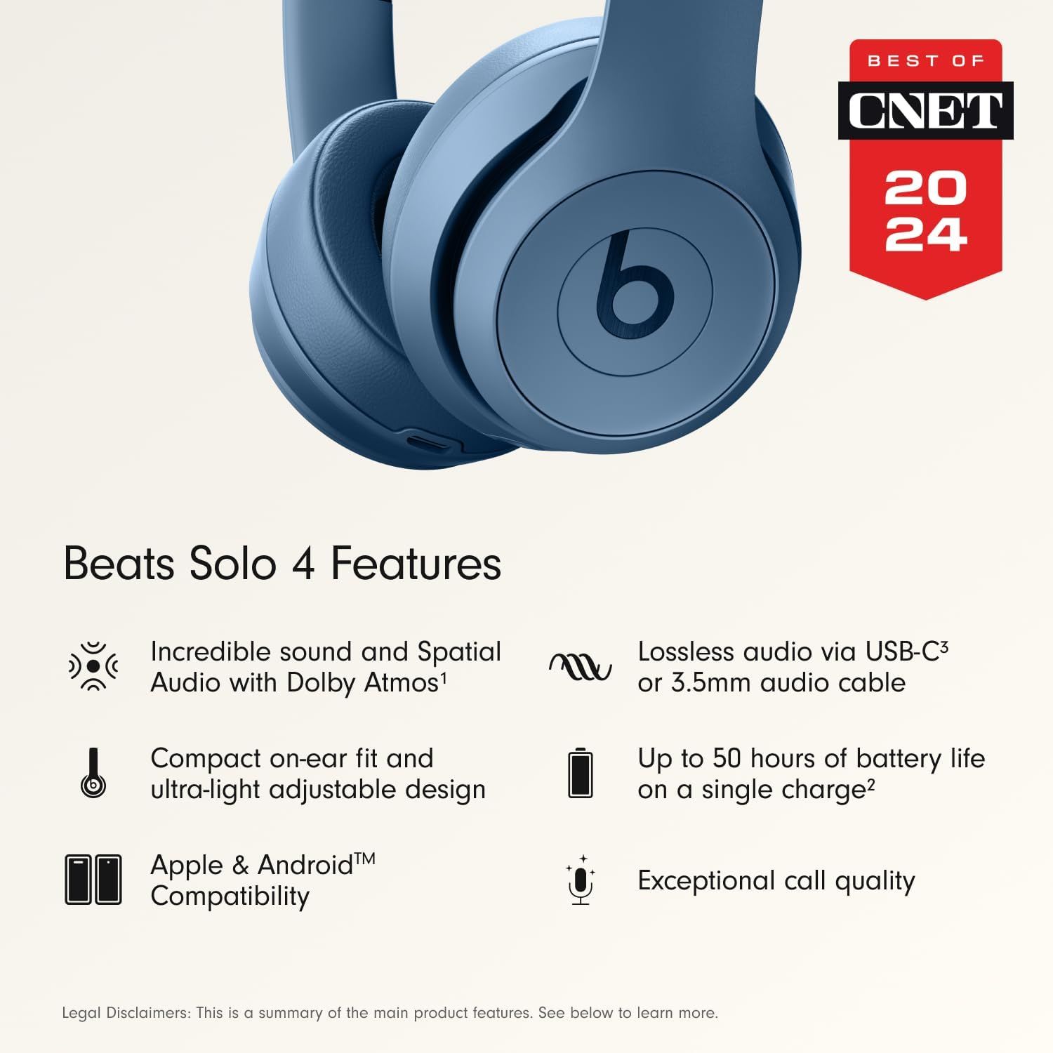 Showcases multiple distinct selling benefits of the Beats Solo 4 headphones in a segmented layout, highlighting audio quality, design, battery life, compatibility, and call quality to communicate…