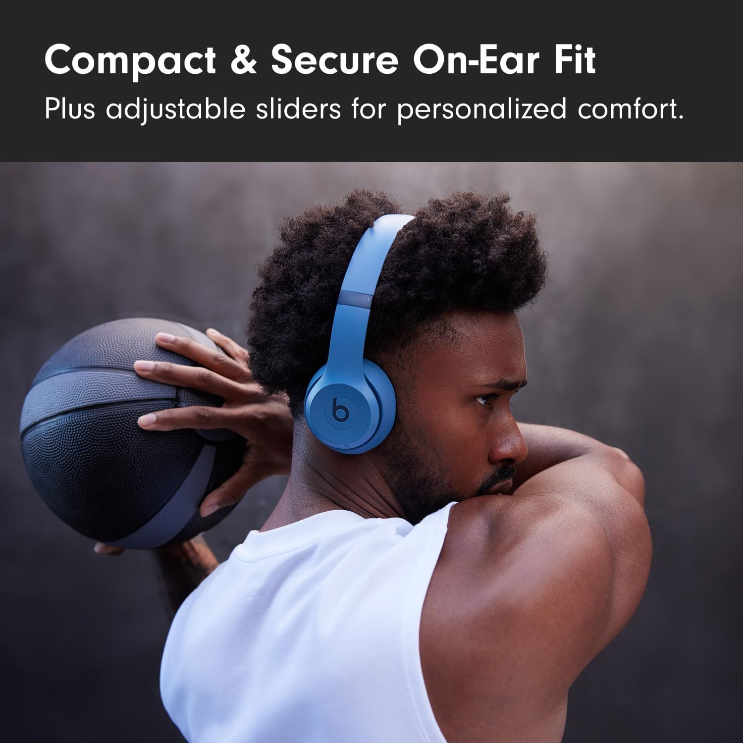 Highlights the headphones' secure on-ear fit and adjustable comfort features to reassure shoppers that the product stays in place during active use and can be…