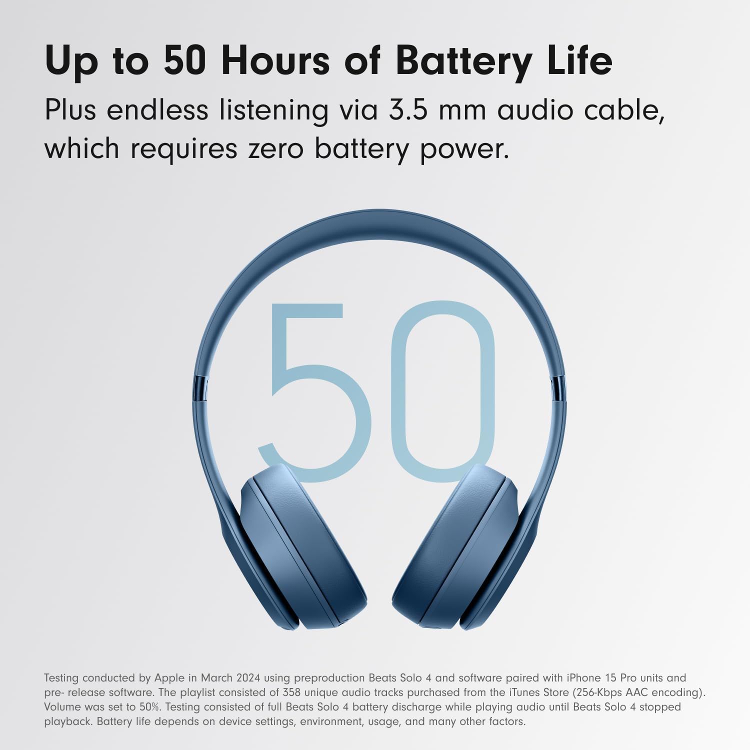 Communicates the impressive battery performance of the headphones, emphasizing long listening time to reassure shoppers about battery longevity and…