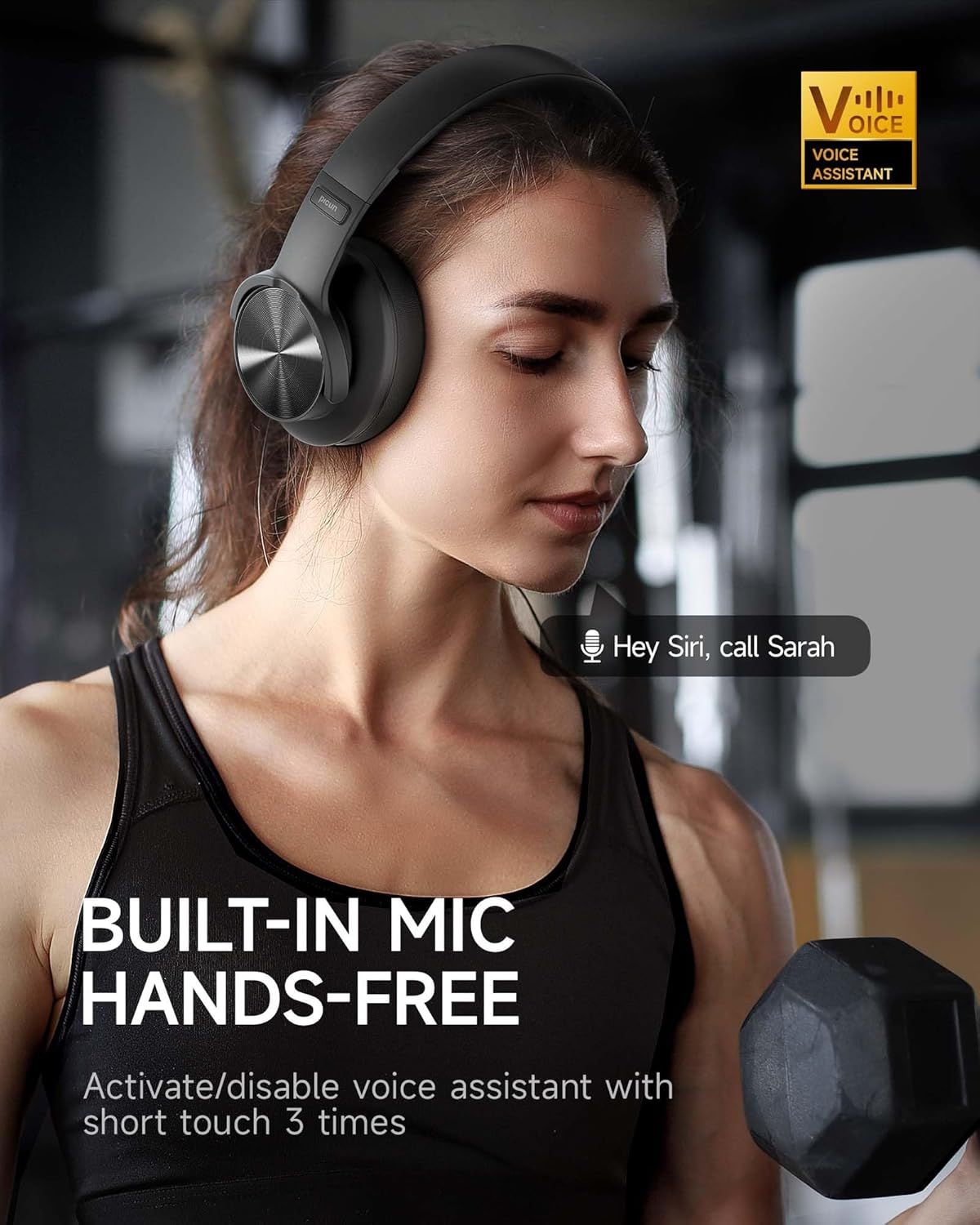 Highlights the headphones' built-in microphone and voice assistant compatibility, reassuring shoppers they can make calls and control devices hands-free.