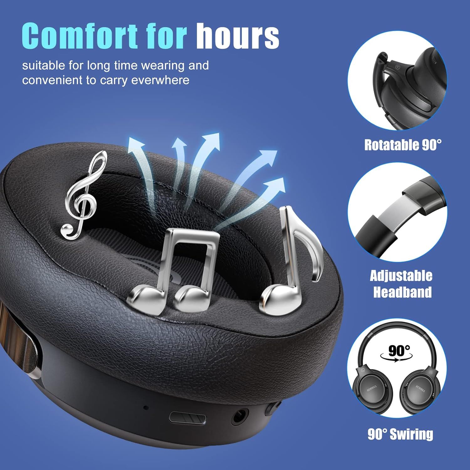 Communicates multiple comfort and adjustability features of the headphones to reassure shoppers that the product is designed for extended wear and customizable fit.
