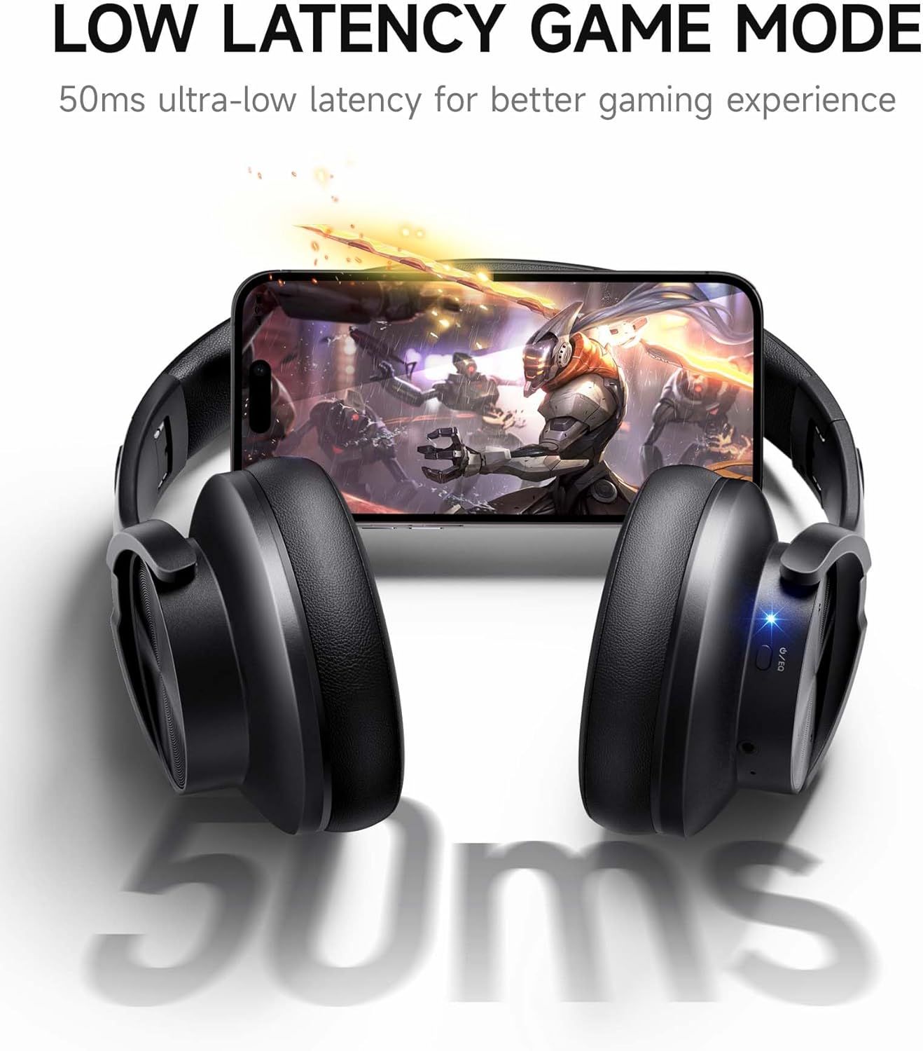 Communicates the product's ultra-low 50ms latency performance to reassure gamers that the headphones deliver fast, responsive audio for competitive gaming.…