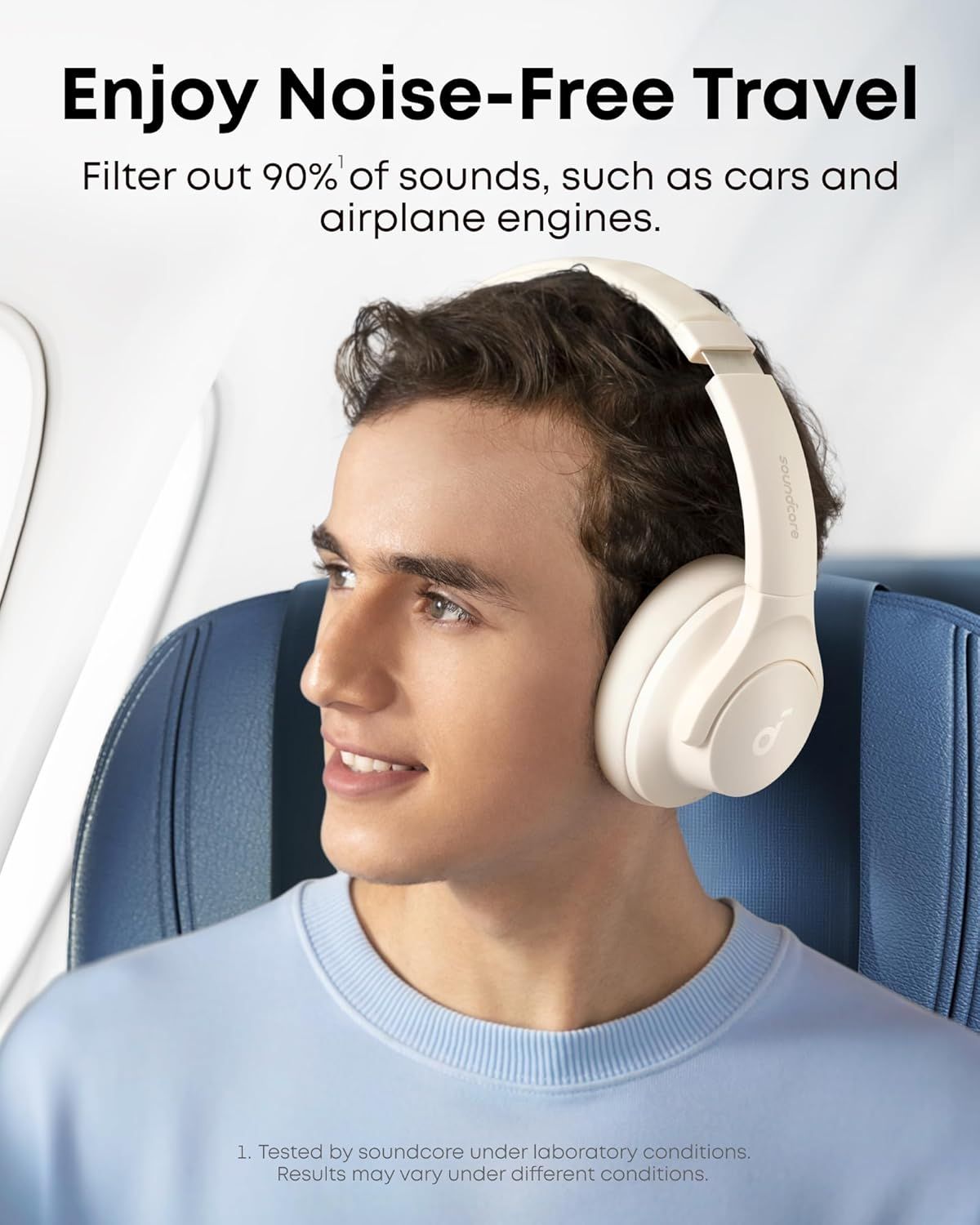 Communicates the quantifiable noise-canceling performance of the headphones to reassure shoppers that the product effectively blocks out travel noise.…