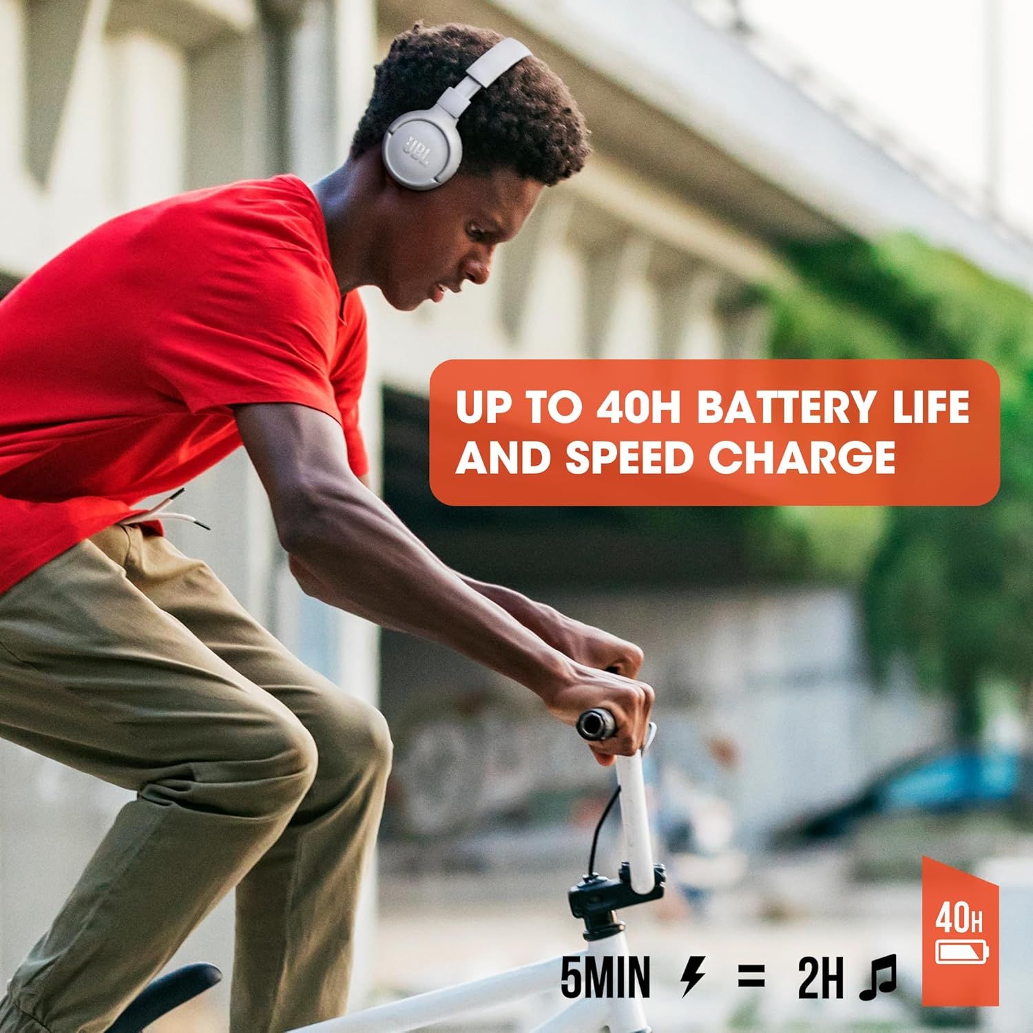 Highlights the impressive battery performance with up to 40 hours of playback and fast charging capability, reassuring shoppers they can enjoy extended…