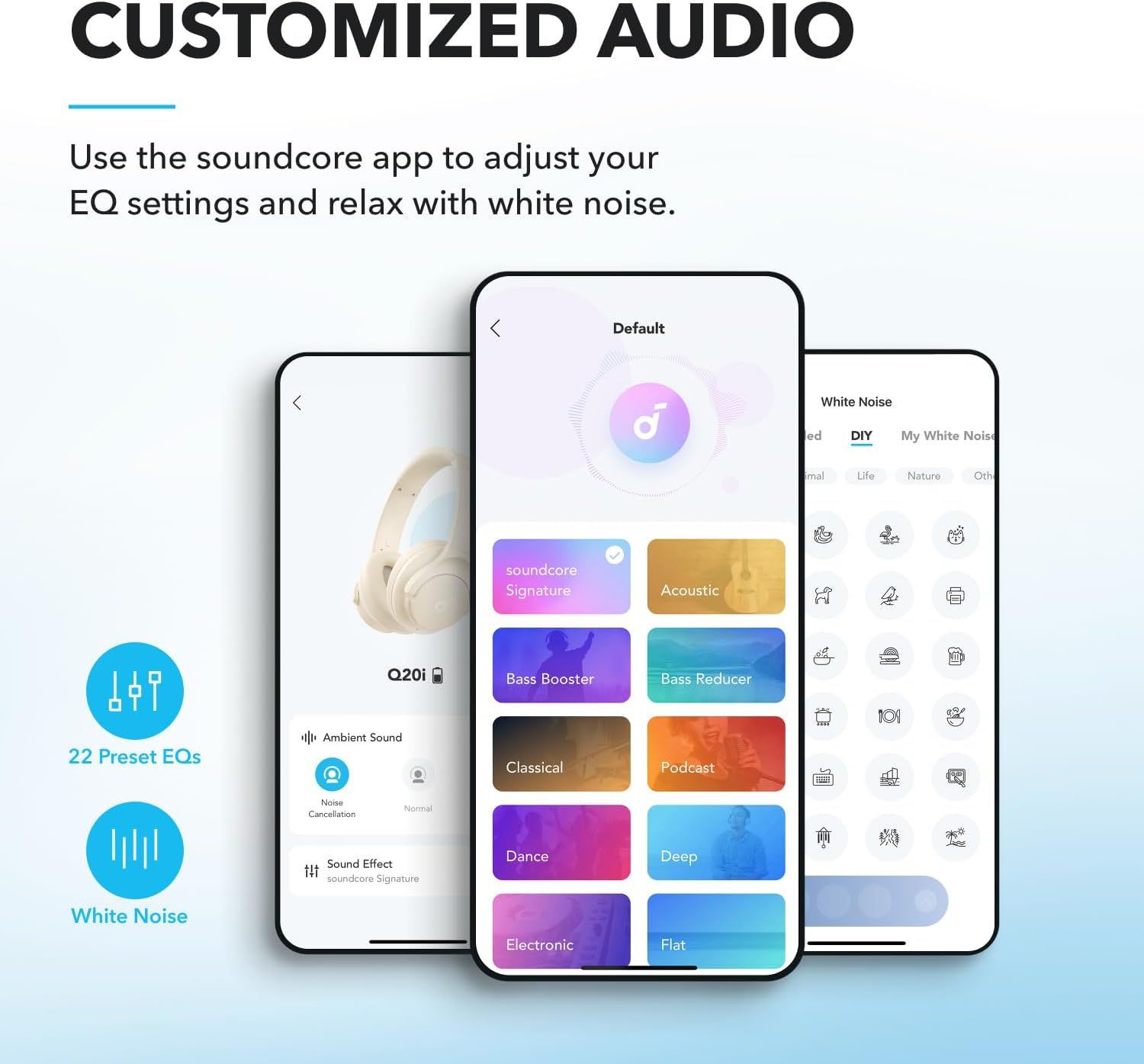 Communicates that the product offers customizable audio through an app with EQ presets and white noise options, reassuring shoppers they can personalize their…