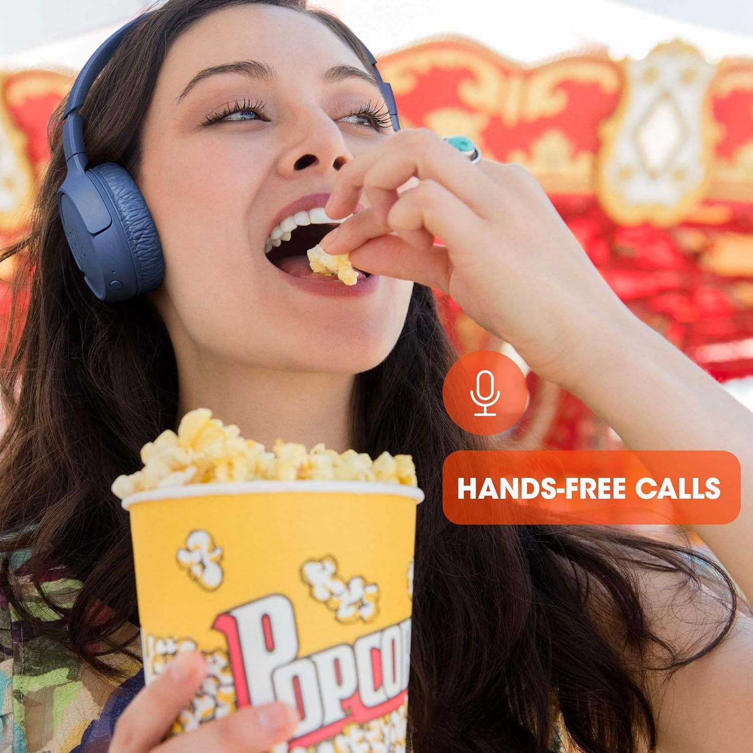 Demonstrates the headphones' hands-free calling capability, showing the user can take calls while multitasking or enjoying entertainment.