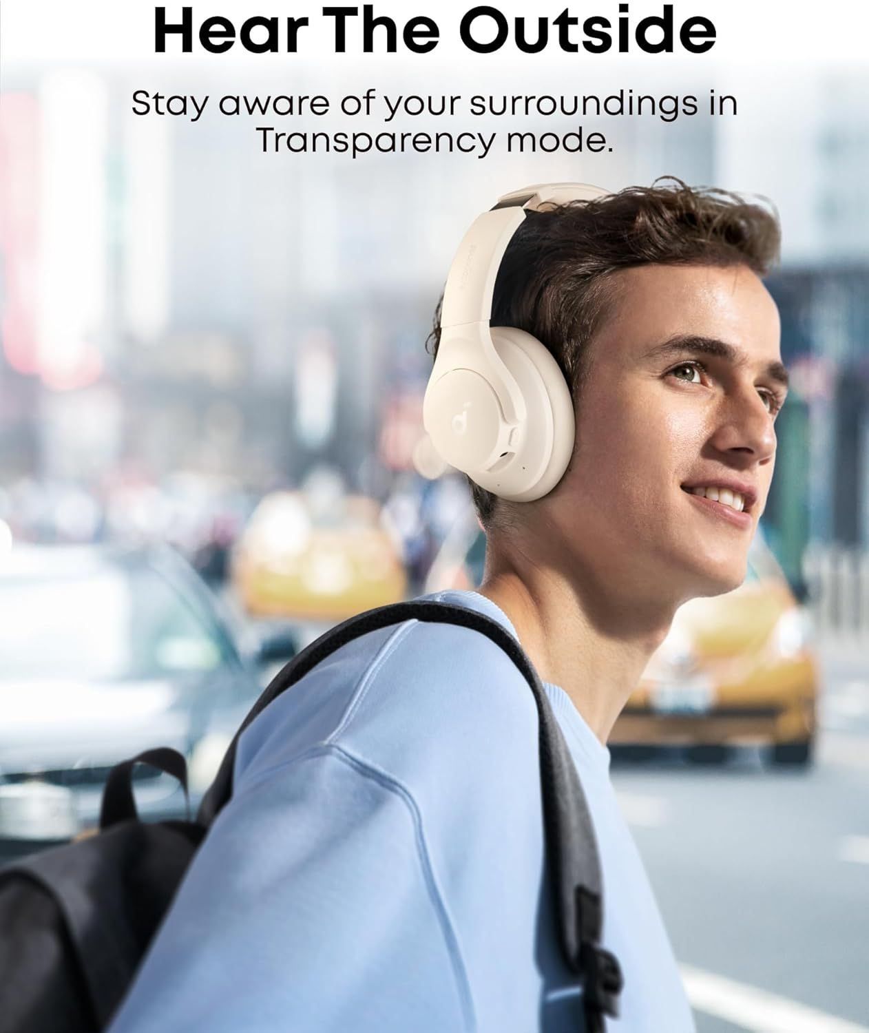 Highlights the headphones' transparency mode feature, reassuring shoppers they can stay aware of their surroundings for safety while enjoying audio.