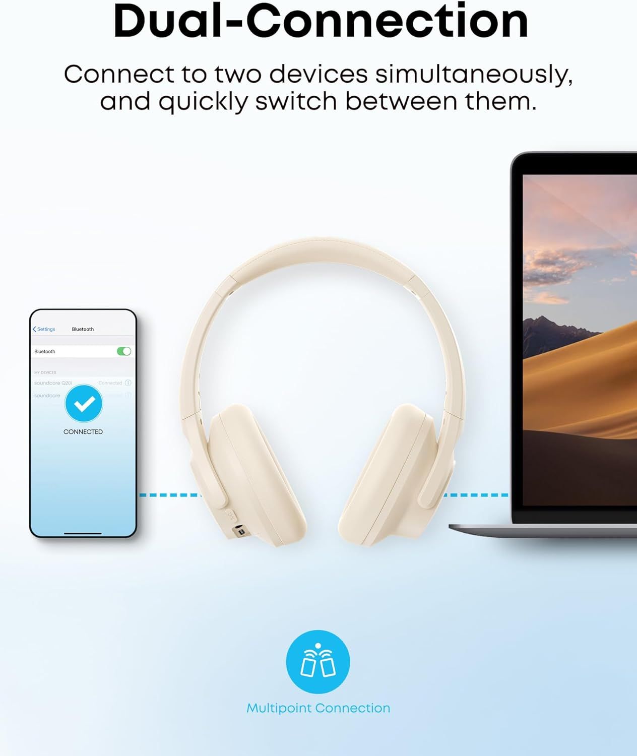 Communicates that the headphones can connect to two devices simultaneously and allow quick switching between them, emphasizing convenience and versatility for…