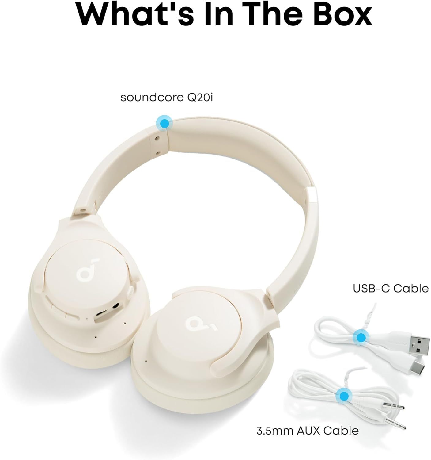 Shows the customer everything included in the purchase: the soundcore Q20i headphones, USB-C charging cable, and 3.5mm AUX cable, providing clarity on what…