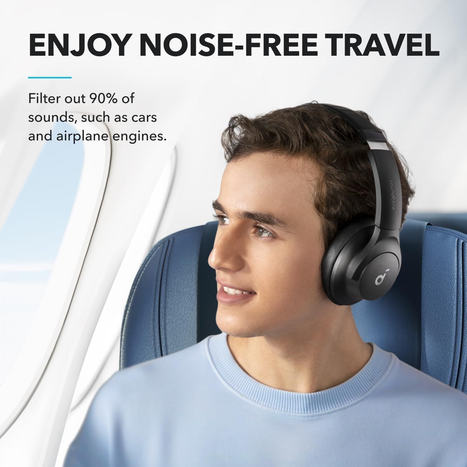Communicates the headphones' noise-cancellation performance with a quantifiable stat (90% sound filtering) to reassure travelers they'll experience quiet,…