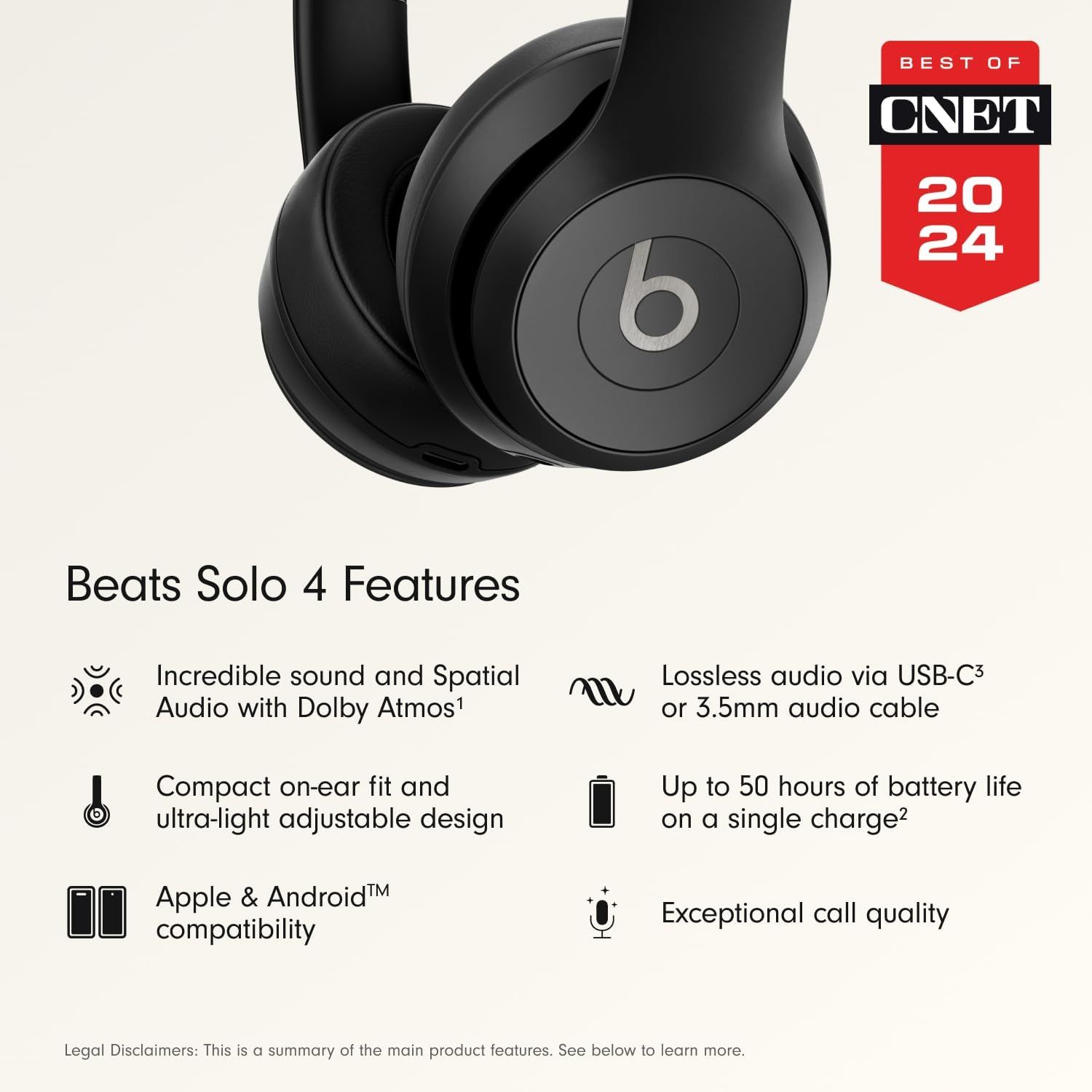 Showcases multiple distinct selling benefits of the Beats Solo 4 headphones in a segmented layout, highlighting audio quality, design, battery life, compatibility, and call quality to communicate…