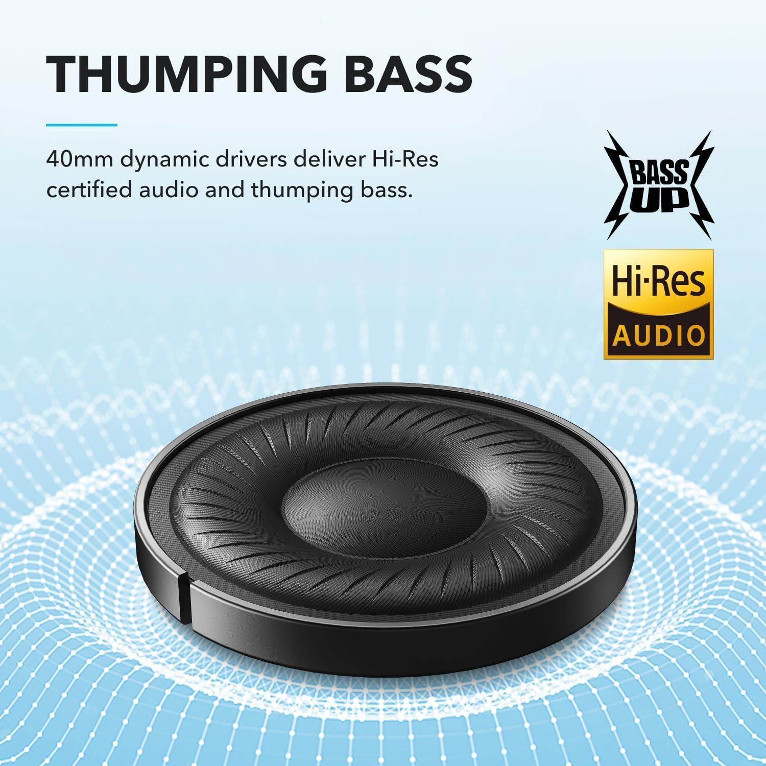 Highlights the product's superior audio quality with 40mm dynamic drivers that deliver Hi-Res certified audio and powerful bass performance. Emphasizes the…