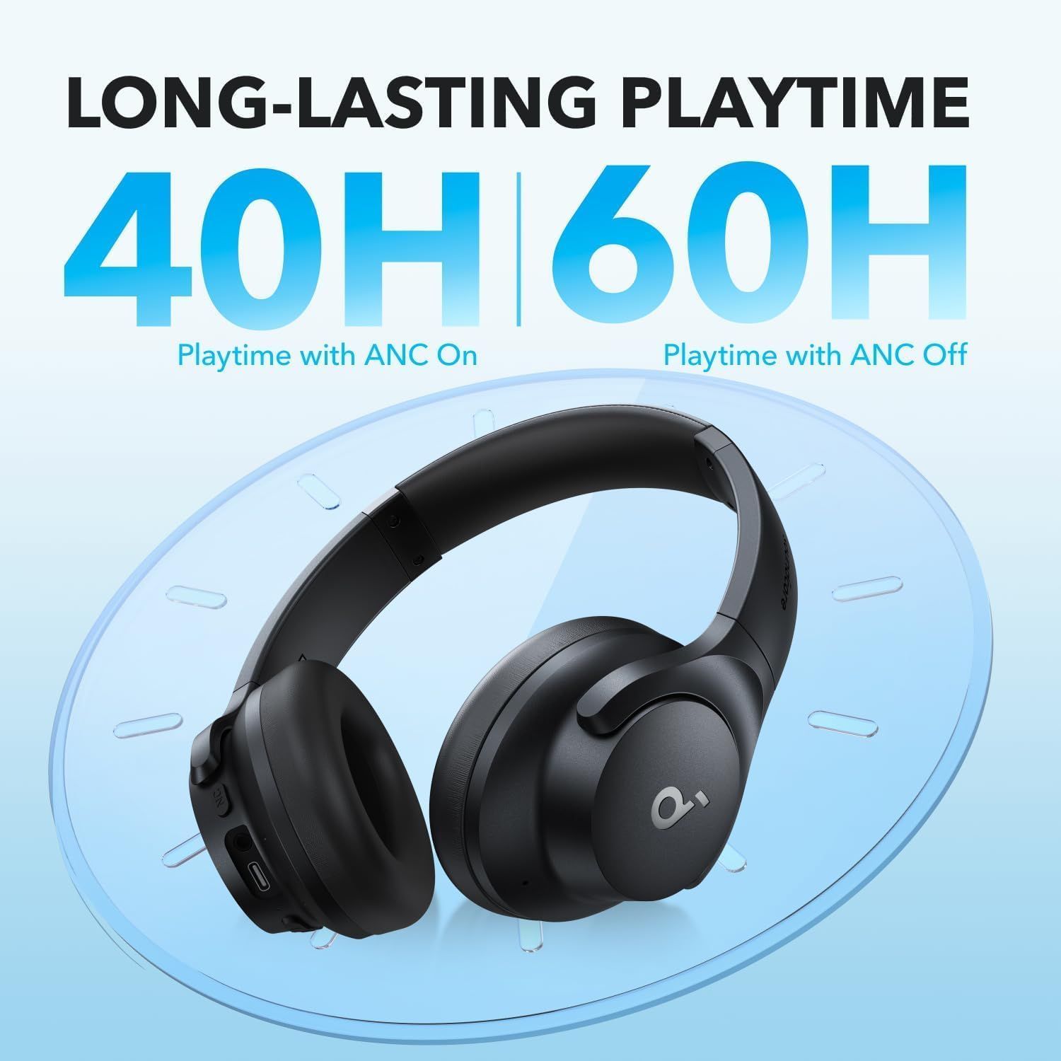 Communicates the impressive battery performance of the headphones, showing 40 hours with ANC on and 60 hours with ANC off to reassure shoppers of extended…