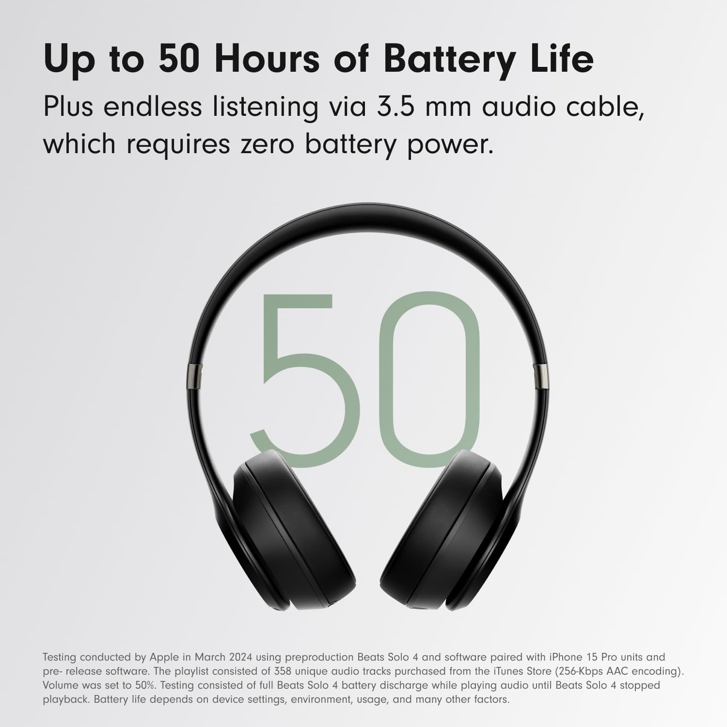 Communicates the exceptional battery performance of the headphones, emphasizing long wireless usage and unlimited wired listening to reassure shoppers about…