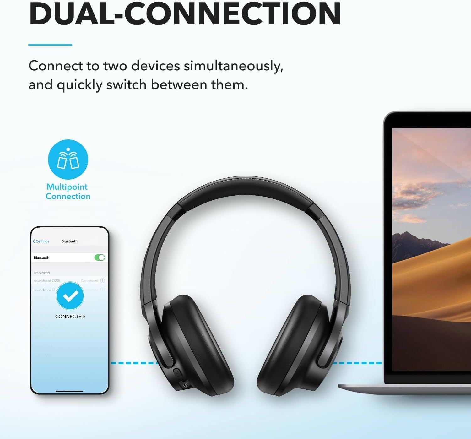 Communicates that the headphones can connect to two devices simultaneously and allow quick switching between them, emphasizing convenience and versatility for…