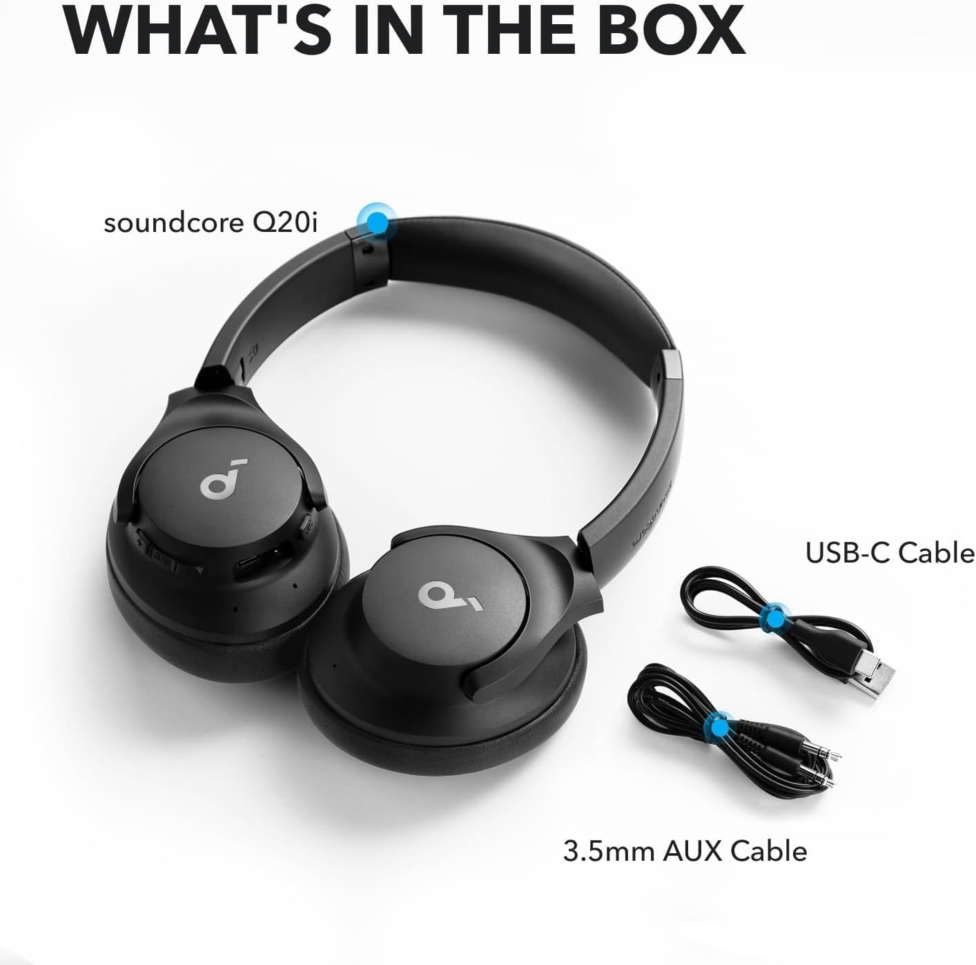 Shows the customer everything included in the purchase: the soundcore Q20i headphones, USB-C charging cable, and 3.5mm AUX cable, providing clarity and…