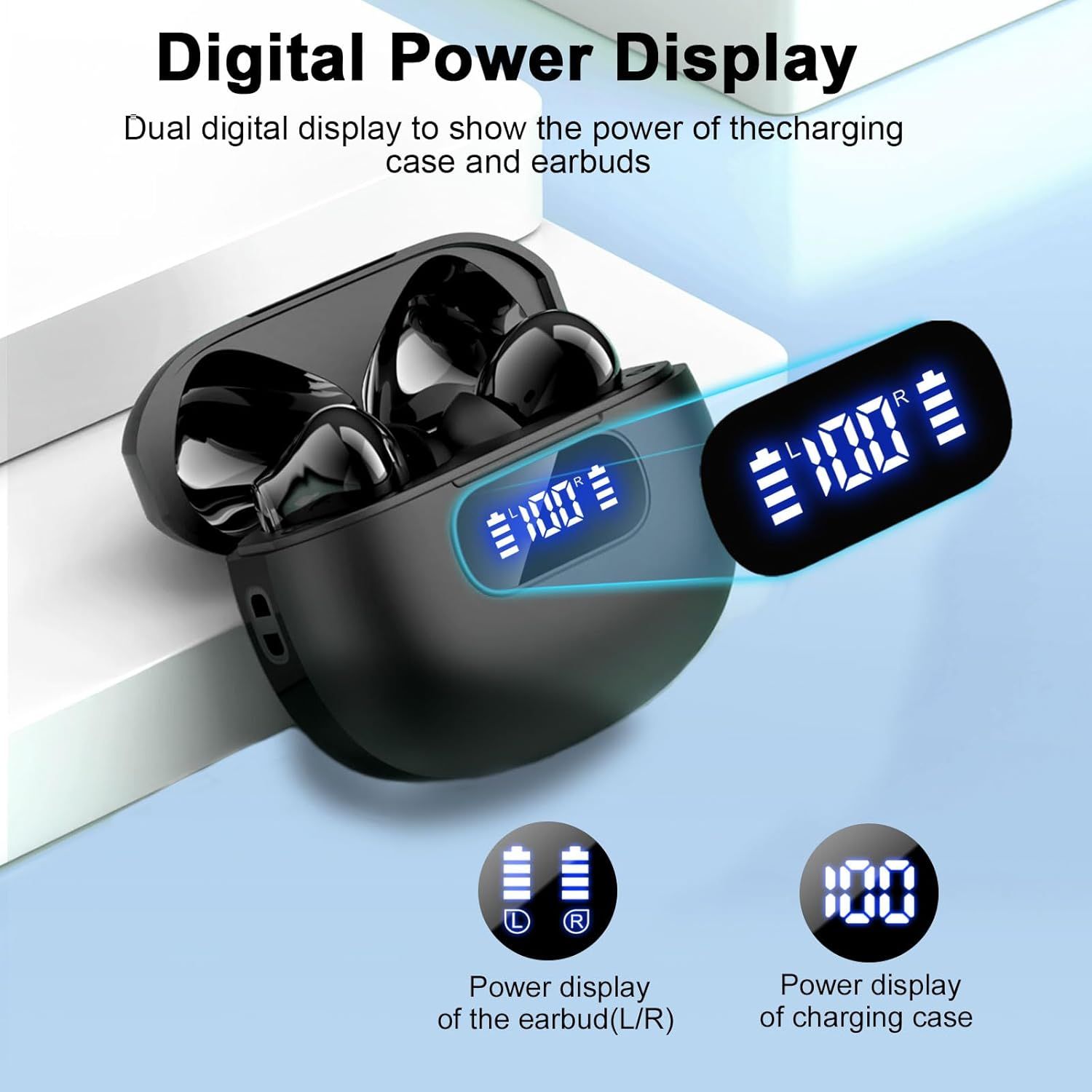 Highlights the dual digital display feature that shows battery levels for both the charging case and individual earbuds, reassuring shoppers they can easily…