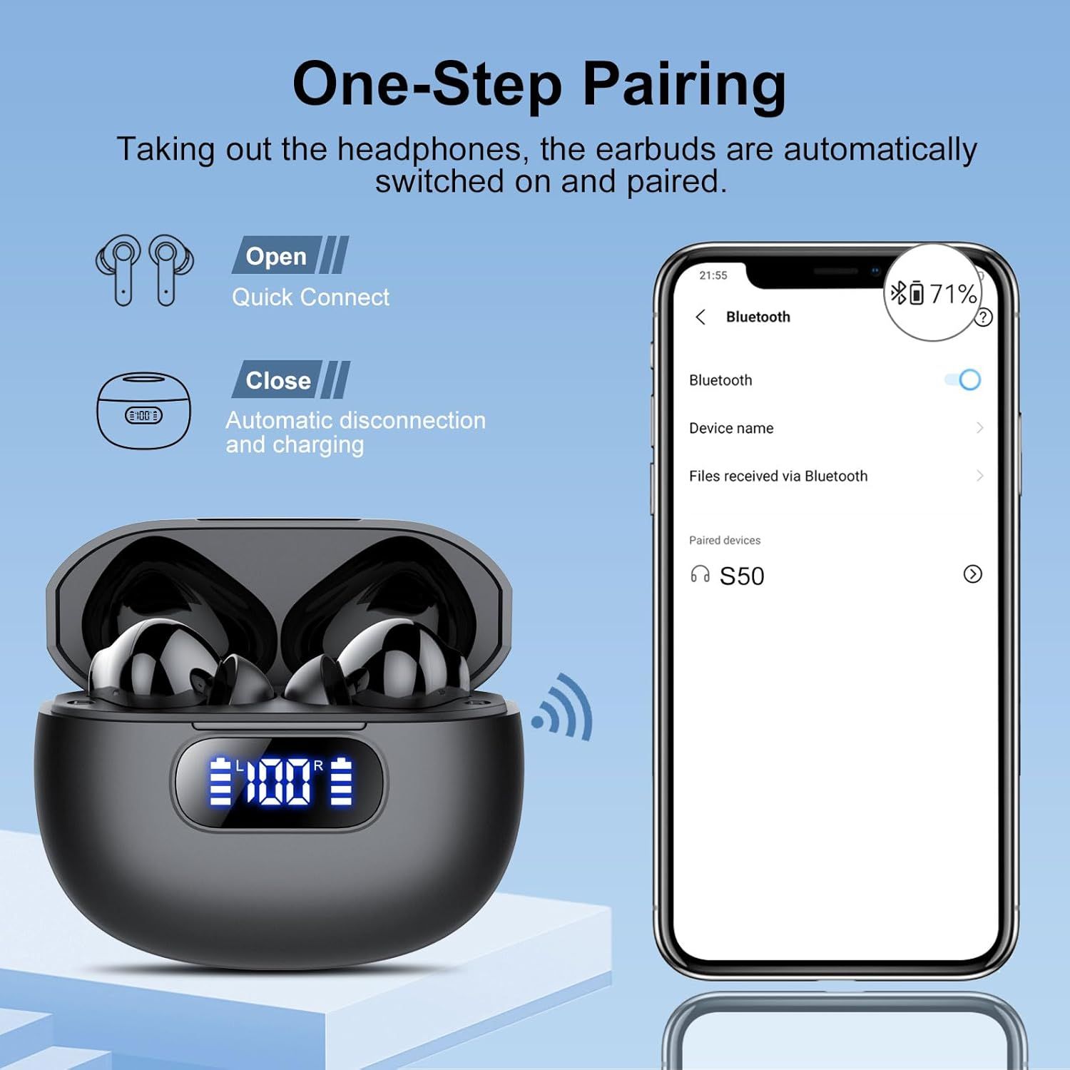 Demonstrates the simple pairing process for the wireless earbuds, showing shoppers that connecting to their device is effortless and automatic when opening the case. Highlights the convenience and…